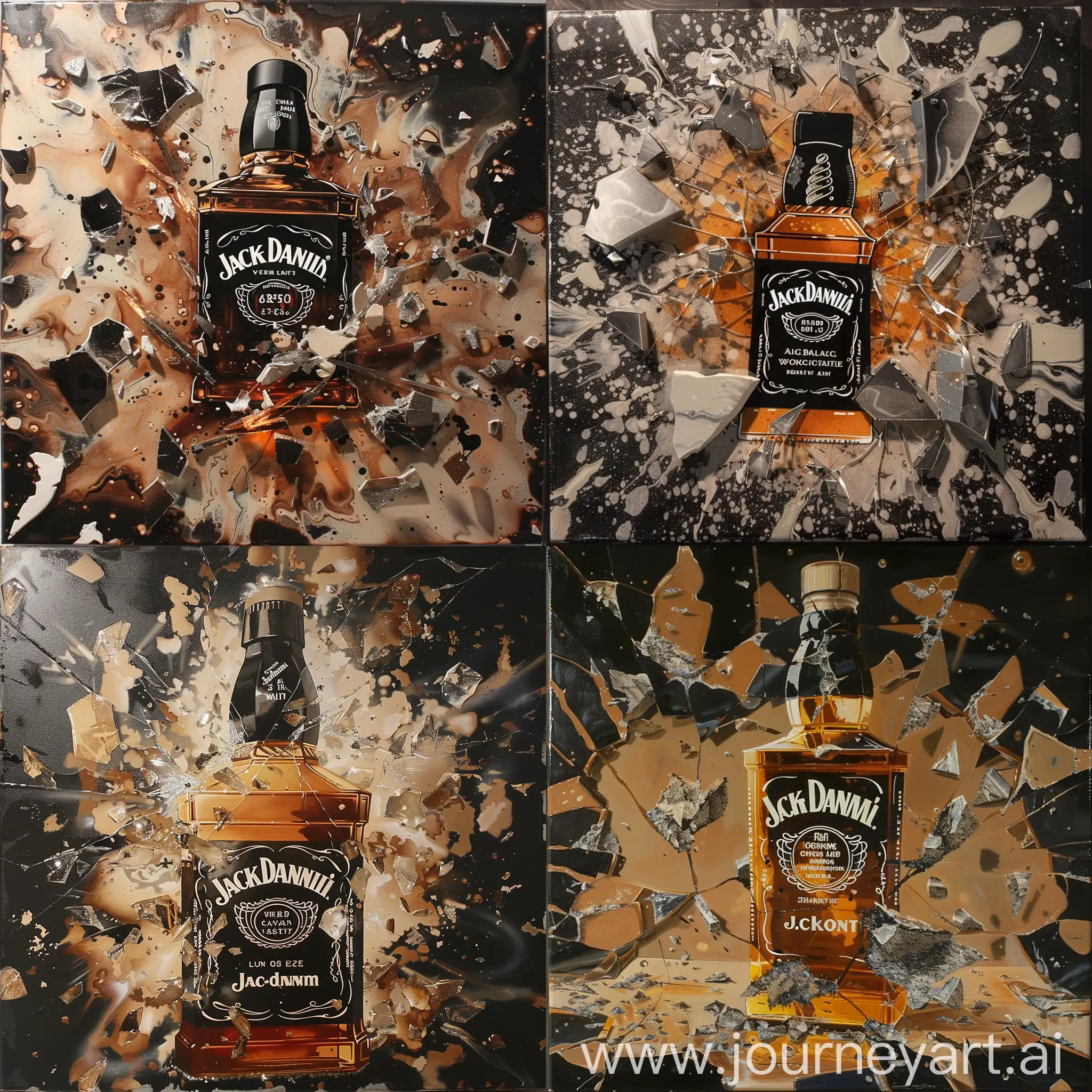 A shaterd jack daniels bottle, on a canvas filled with epoxy,