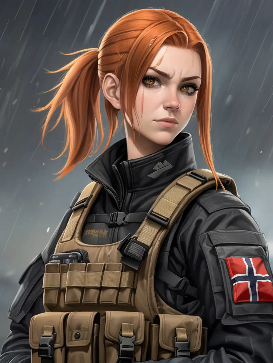 Young Norwegian commissar woman. She has light red hair. She has a very short tomboy hairstyle similar to Maya's hairstyle from Borderlands 2. Her matte black uniform jacket fits perfectly under her plate carrier rig. She has faded black eyeshadow. She has pale skin. She is wearing a plate carrier rig with a lot of pouches and shoulder straps. Background scene is a fiery warzone in a torrential rainstorm. Her uniform fatigues have a high collar wind gaiter top. Her hair is soaking wet and messy. Her plate carrier rig is coyote brown colored. Her matte black uniform is soaking wet. She has coyote brown tactical gloves.