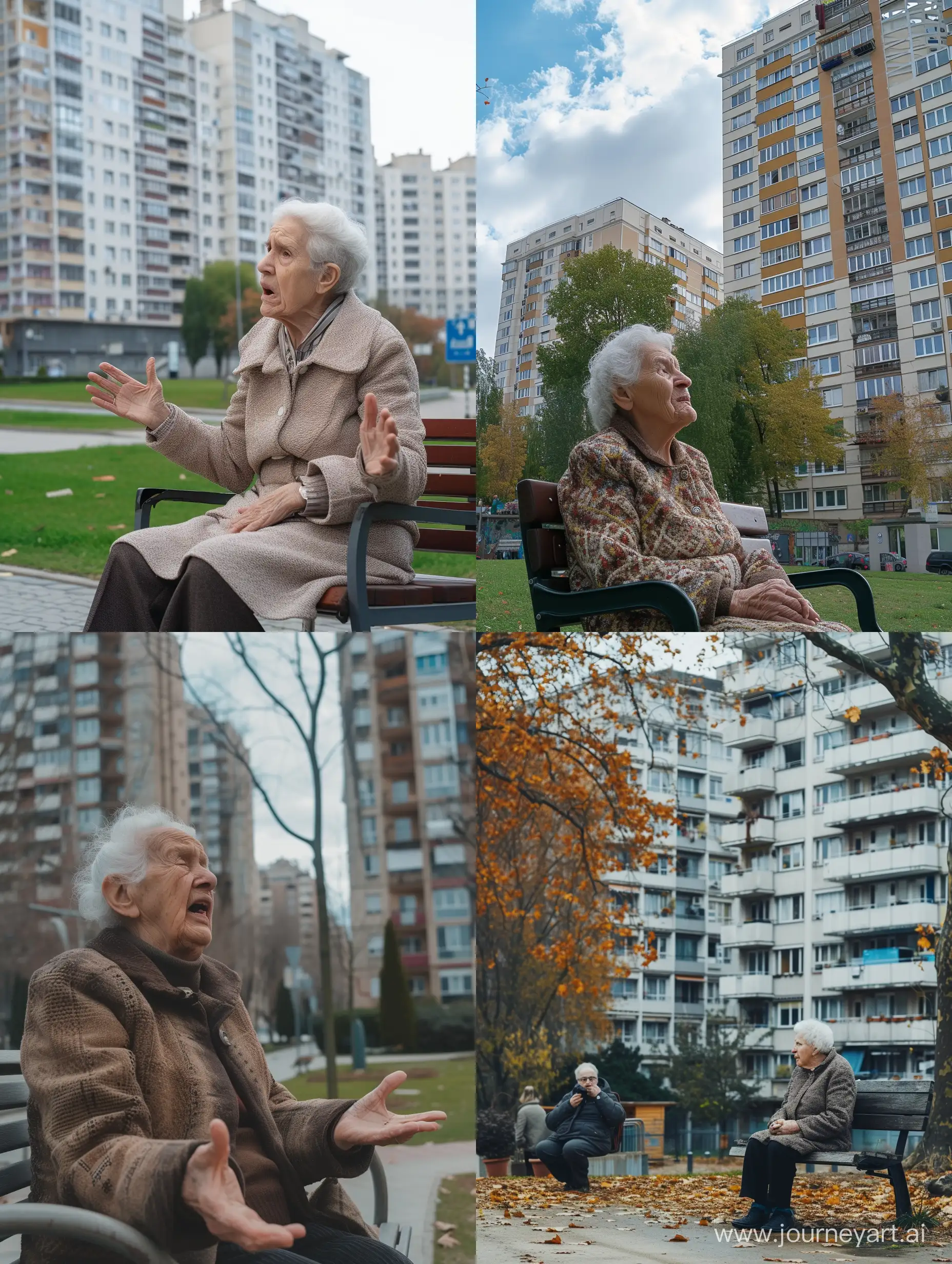 пожилая европейская женщина сидит на скамейке возле многоэтажного дома и жалуется соседкам