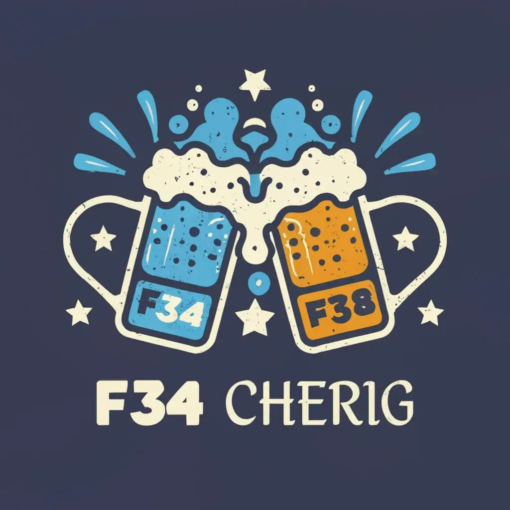 logo, blue logo. two mugs of beer cheering. one mug labeled only "F34" and the second mug labeled only "F38", with the text "", typography, be used in Technology industry