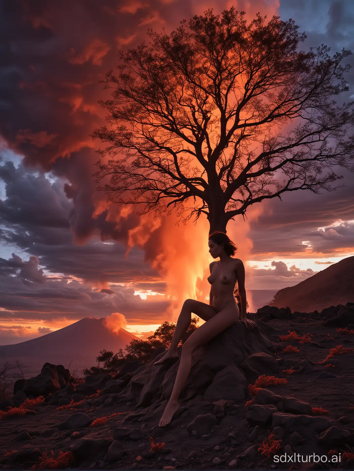 Create an image that depicts a dramatic and evocative scene with an adventurous touch. The scene features a beautiful naked woman, seated on the ground, gazing directly at the viewers, enhancing the scene's engagement. She is part of the landscape where clouds weave through the fiery glow of an active volcano's eruption. The solitary, stalwart tree stands against this powerful backdrop, bathed in the light from the volcanic glow and the sun on the horizon. Her silhouette adds to the scene's intrigue, her form capturing the attention amidst the rich palette of deep reds, vibrant oranges, and intense yellows, which boldly contrast with the cooler blues and purples of the sky.