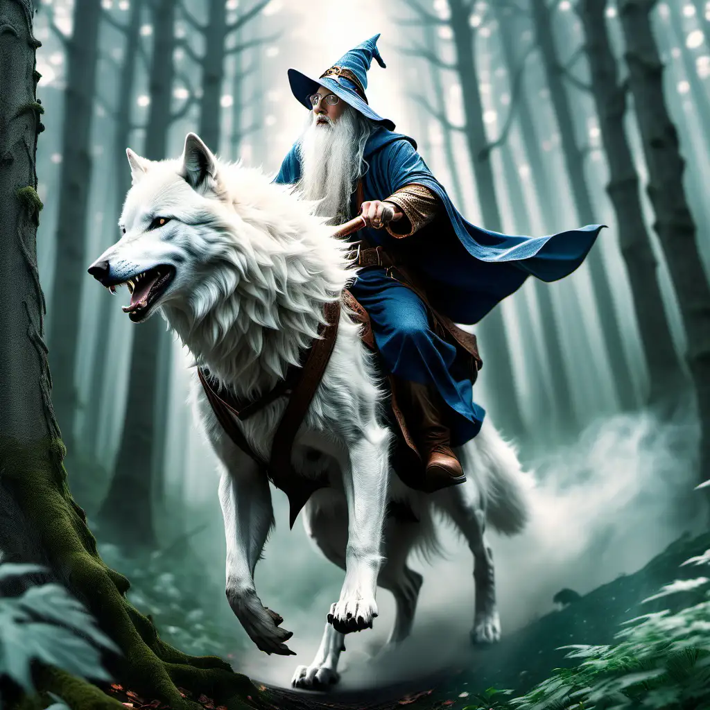 mago cabalgando en un lobo blanco por un bosque
