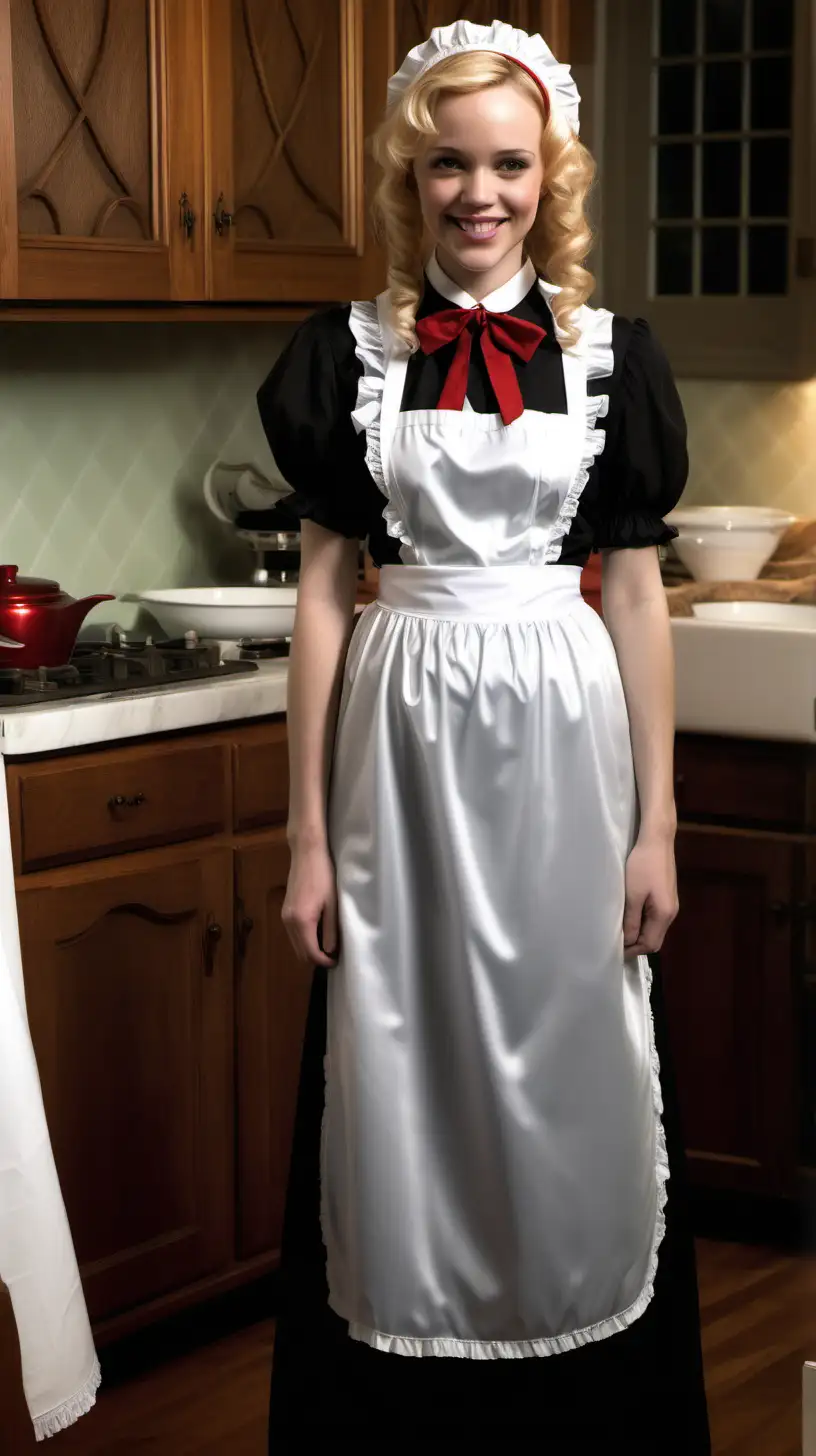 girls in long crystal silk   retro victorian maid gown with apron and peter pan colar and long and short sleeves costume and milf mothers long blonde and red hair,black hair rachel macadams  smile in house