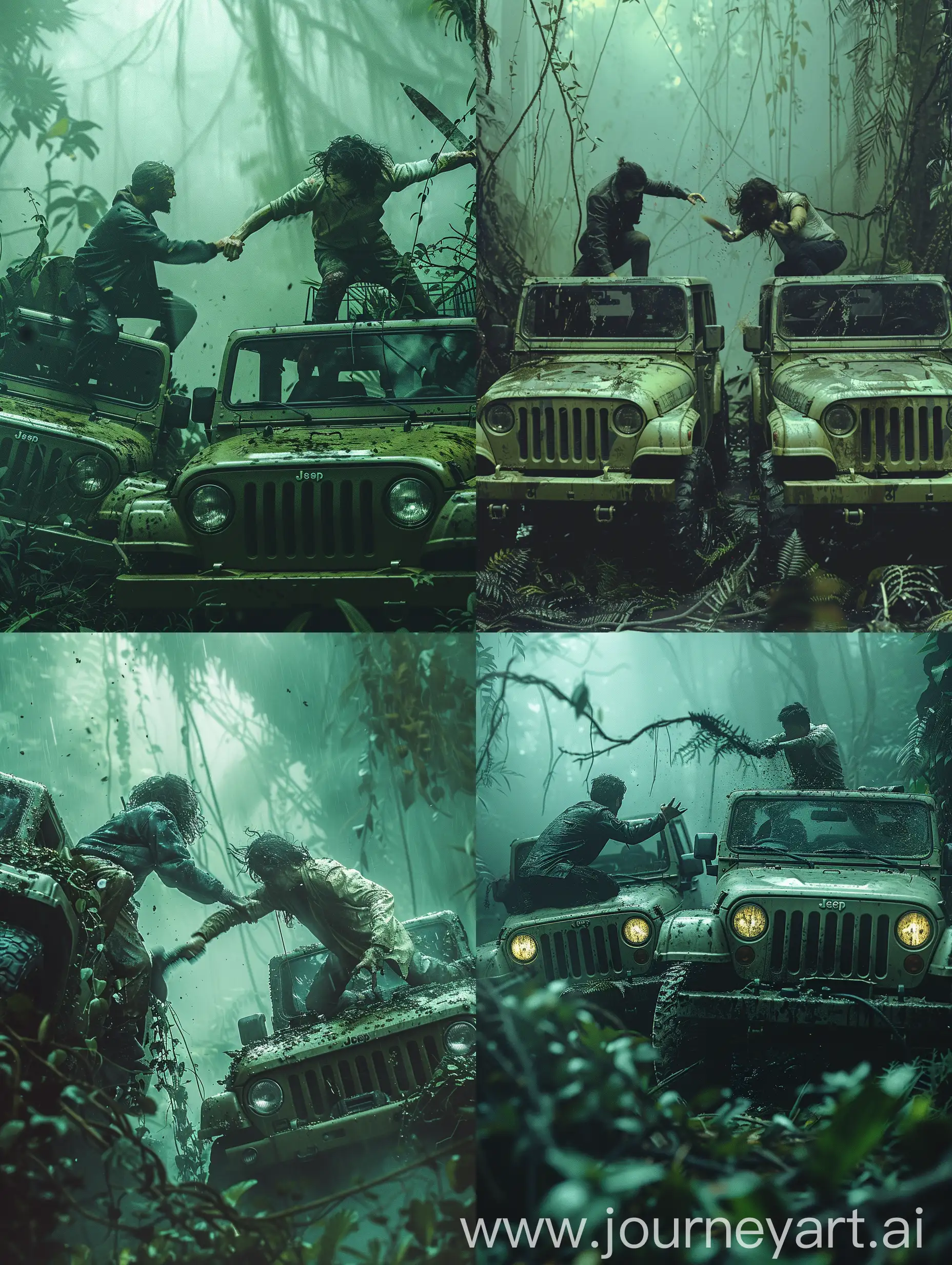 Two characters are in the midst of a physical confrontation on top of two olive-green military-style vehicles. These vehicles appear to be jeeps and are parked side by side, surrounded by dense jungle vegetation, which suggests the setting is in a tropical rainforest or similar environment.

The character on the left is wearing a dark jacket and seems to be in a defensive posture, attempting to fend off an attack or possibly retaliate against the character on the right. The character on the right is wearing lighter-colored clothing, notably a white long-sleeve shirt, and is swinging what looks like a machete or a large knife toward the other character.

There is a sense of urgency and aggression in the scene; both characters are fully engaged in the fight. The blurred background and the motion blur on the attacking character's arm with the weapon indicate a fast-paced action. The presence of the vines and foliage engulfing the vehicles adds to the impression that this confrontation is taking place in a remote or wild location.

The lighting and the high-quality resolution of the image suggest that this is a professionally shot scene, and the framing is such that it captures the energy and motion of the moment effectively. The overall composition communicates tension and imminent danger --style raw --stylize 750.
