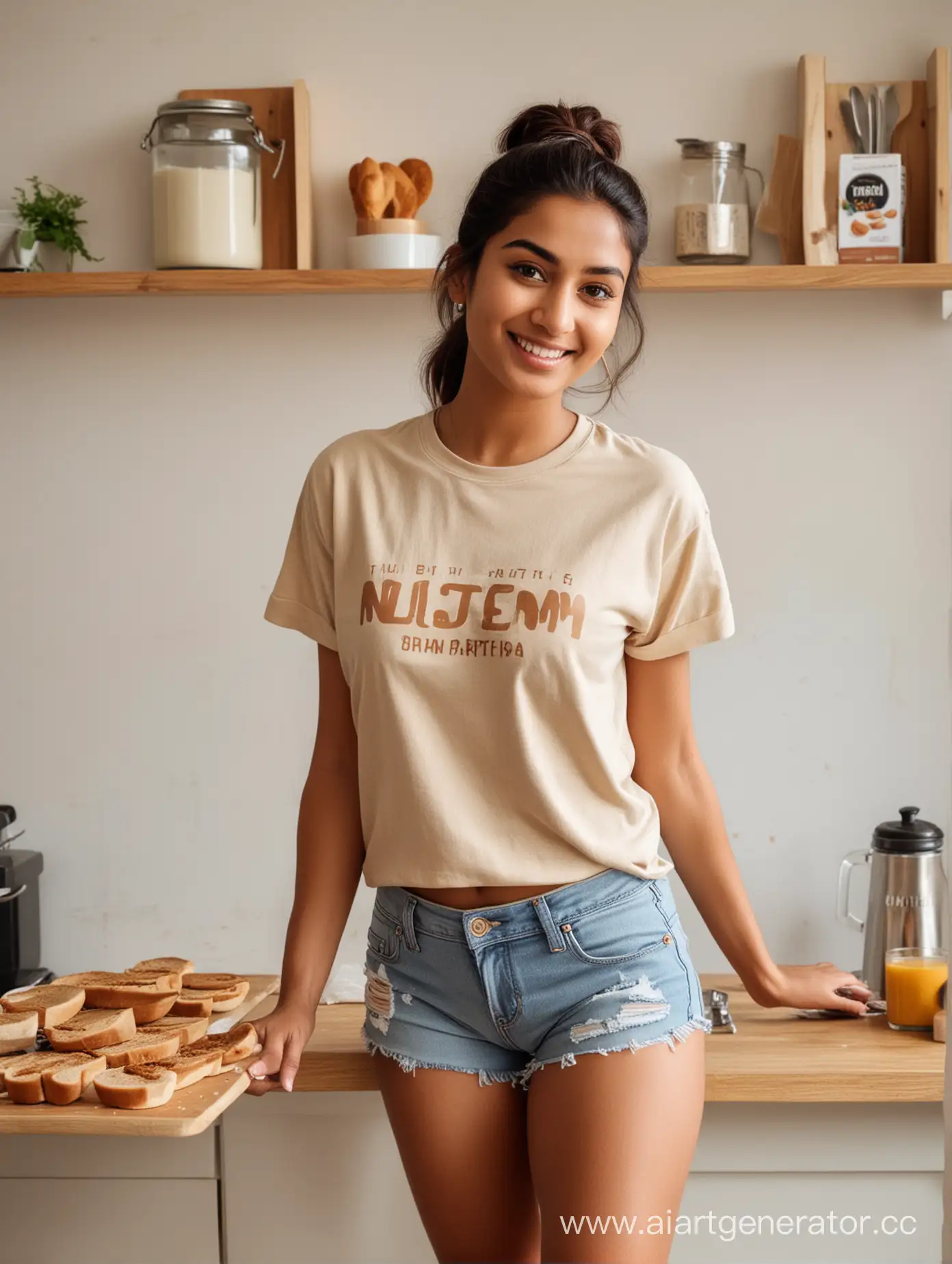 25-year-old North Indian Girl, Influencer, wearing tshirt and shorts, having bun, no-earrings, standing behind the table top in the kitchen, holding a half spreaded bread with peanut butter,  looking at the camera