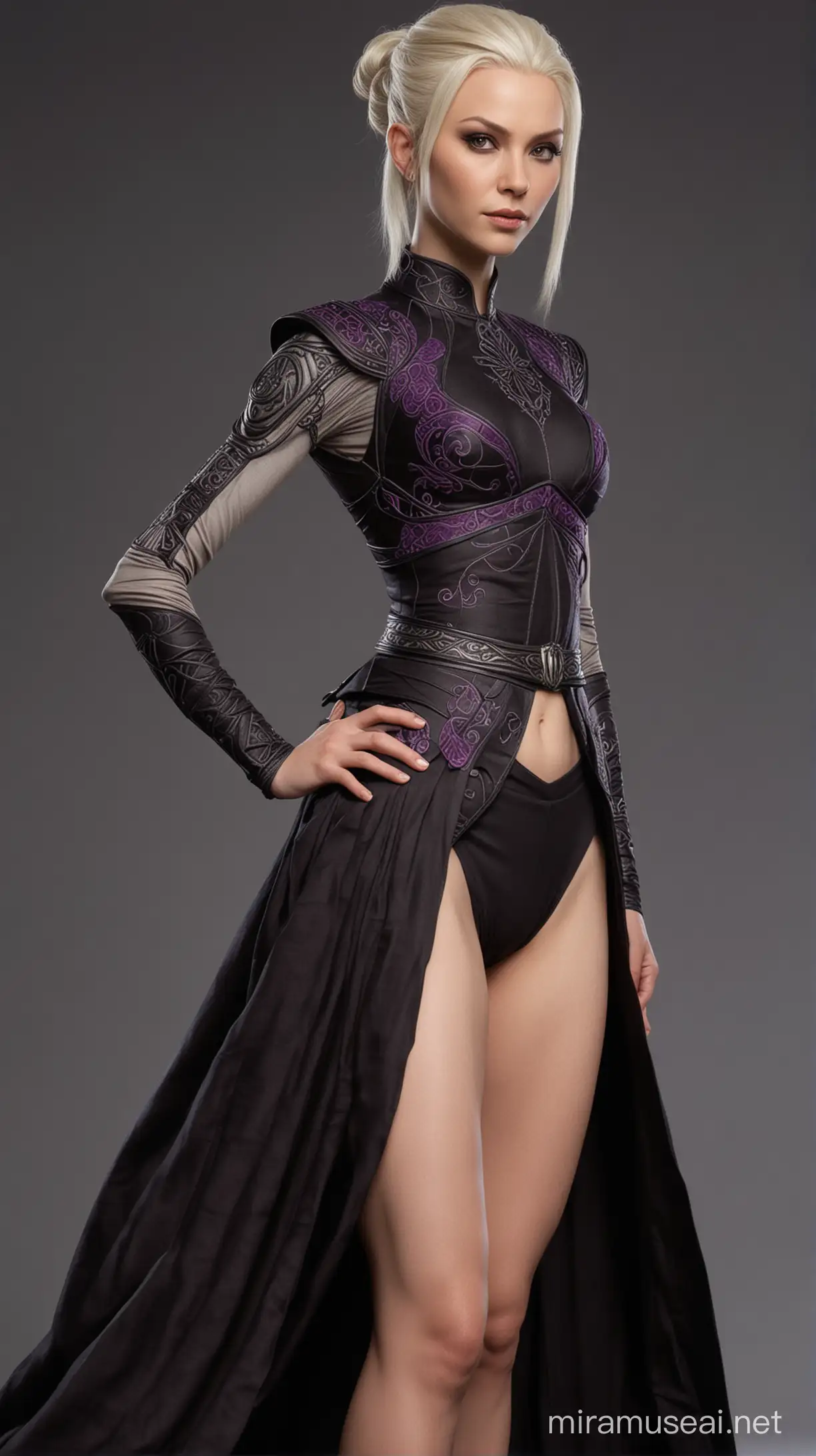 imagine A realistic photograph of Asajj Ventress with half-long blond hair wearing a two-piece, sleeveless bodice of rich ebony-hued fabric, with hints of a subtle swirling pattern of dark-purple embroidery. The top section enclosing her breasts and reveals a small patch of her taut stomach. The bottom section flaring over her hips. A midnight-black skirt, slit in front and back, falling to the floor.