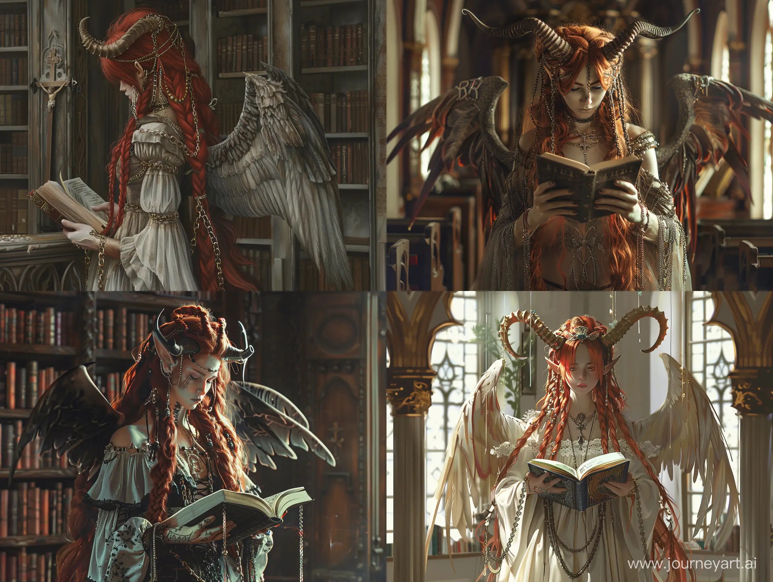 Девушка. Длинные рыжие волосы с вплетенными в них косами и цепочками, рога примерно среднего размера, платье в пол и рукава в виде птичьих крыльев. Читает книгу в библиотеке церкви. 