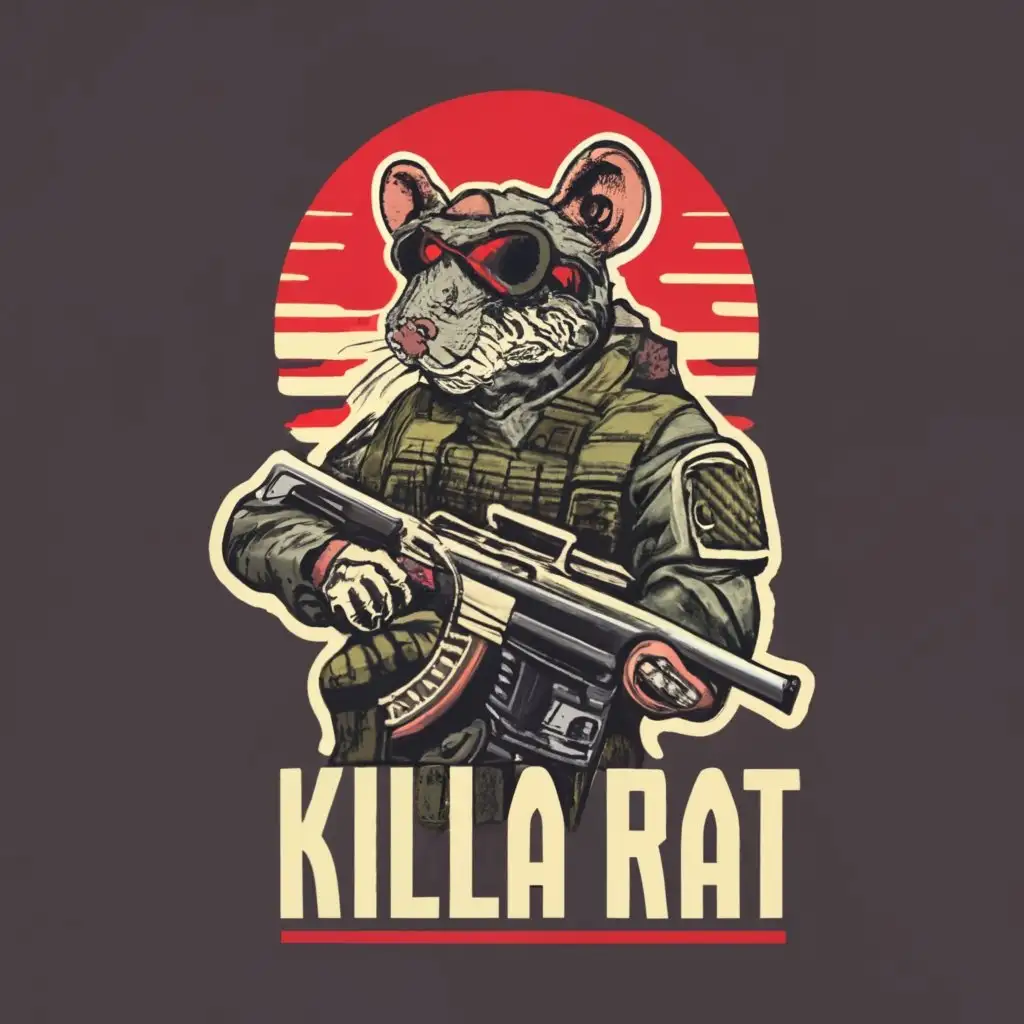 logo, Rat in combat uniform with rifle, black background with skull, with the text "KILLA RAT", typography