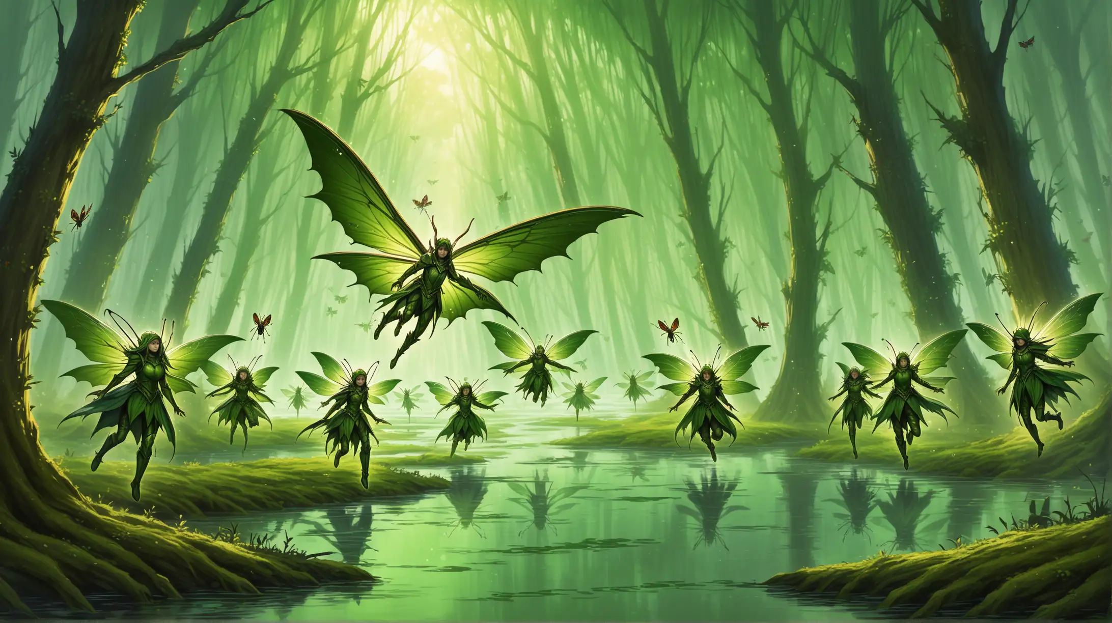 clique of small winged elf fairies, flying, men and women,  insect armor, cursed swamp, Medieval fantasy