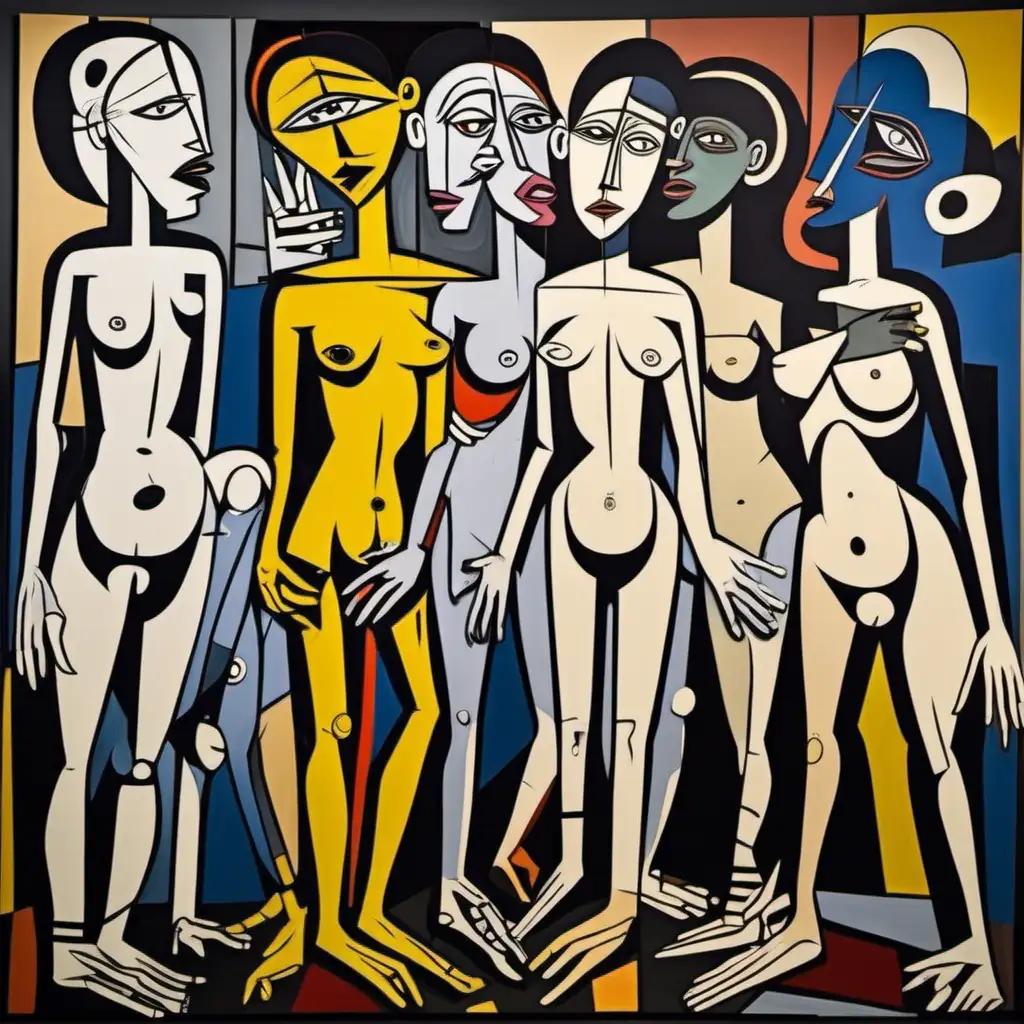 Guernica les femmes nues    style  artistique de basquiat et  picasso  ,multicolore 