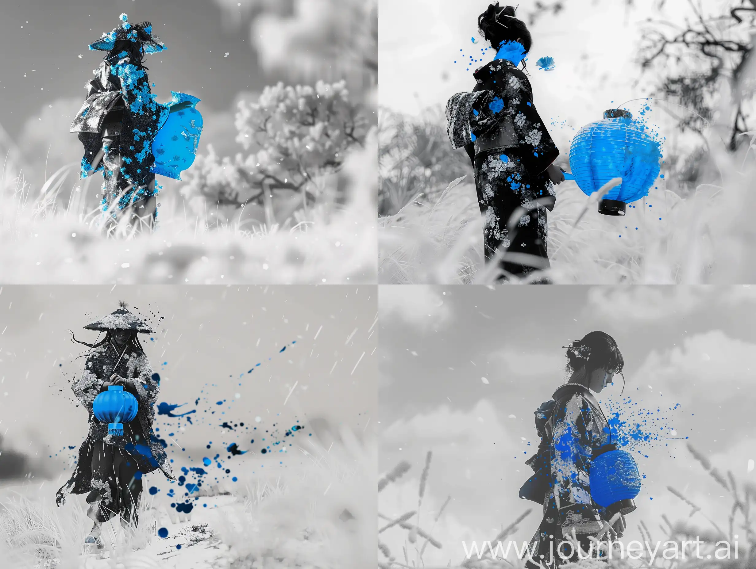 a lady in japanese costume with a blue lantern standing alone in a white frosty field. Whole scene is black and white just the lantern is blue colored and lady is splashed with blue also, 4K realistic close up shot