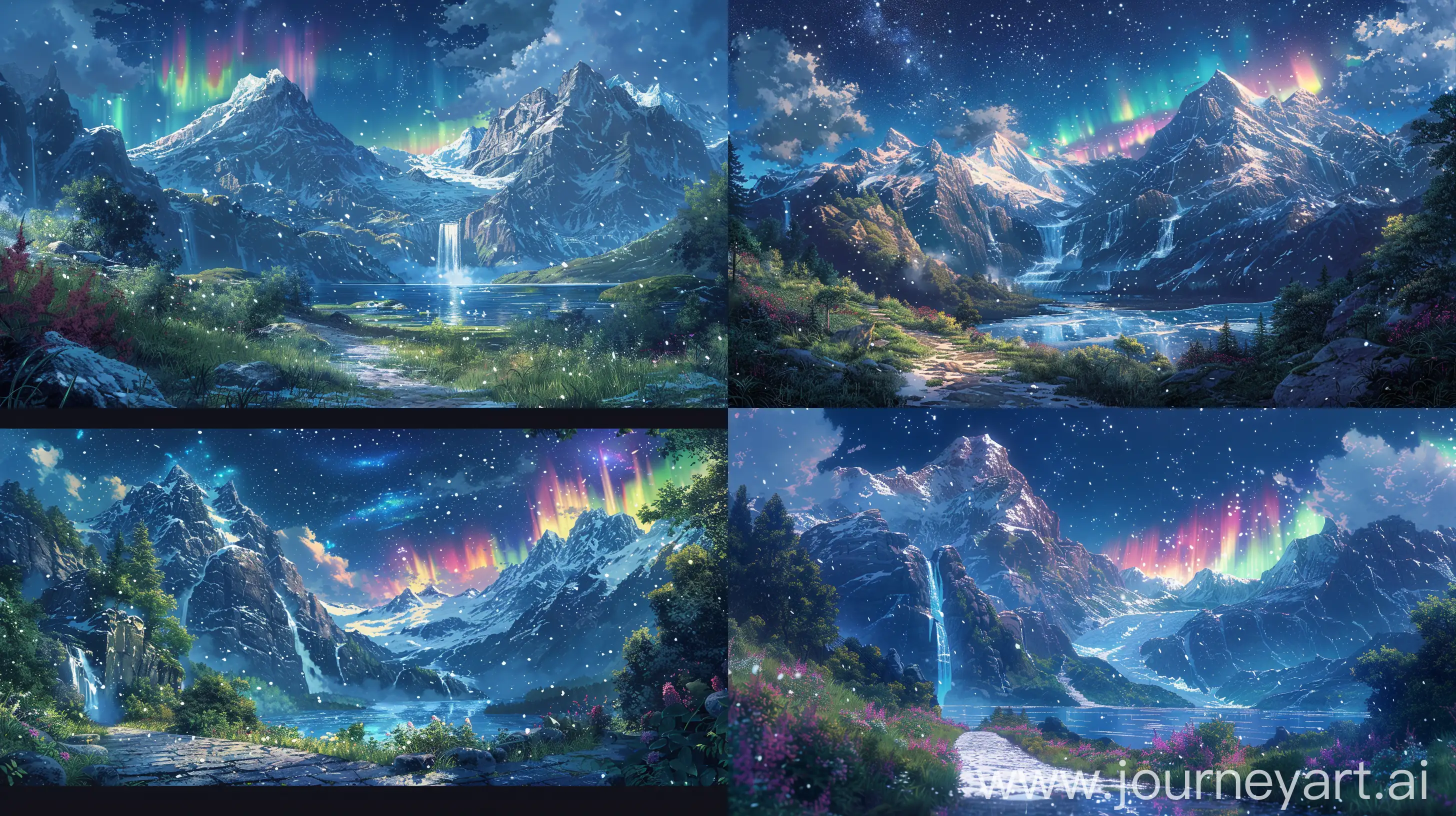 Beautiful anime scenary, illustration, mokoto shinkai and Ghibli style, direct front facade view of a path leading to mountains with snow, waterfalls and a giant lake. anime scenary, starry night sky with colorful northern lights, ultra HD, high quality, sharp details, no hyperrealistic --ar 16:9 --s 400