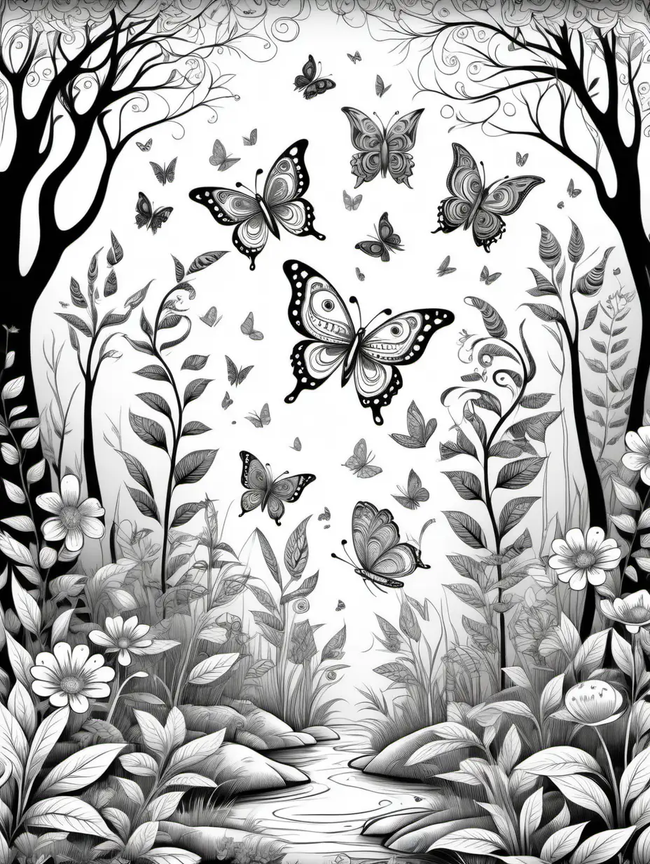  spring in the Forest, flowers blooming,  3 butterflies, birds, whimsical, best seller design with detailed illustration, black and white coloring page, white background, magical story telling, age 6-9 ---ar 2:3: