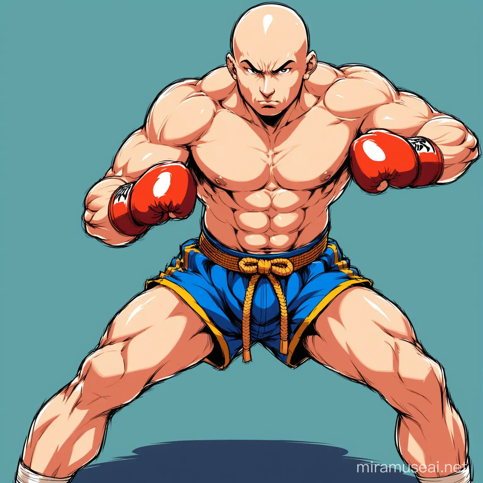Bald Street Fighter Poses in Powerful Muay Thai Stance Vector Illustration