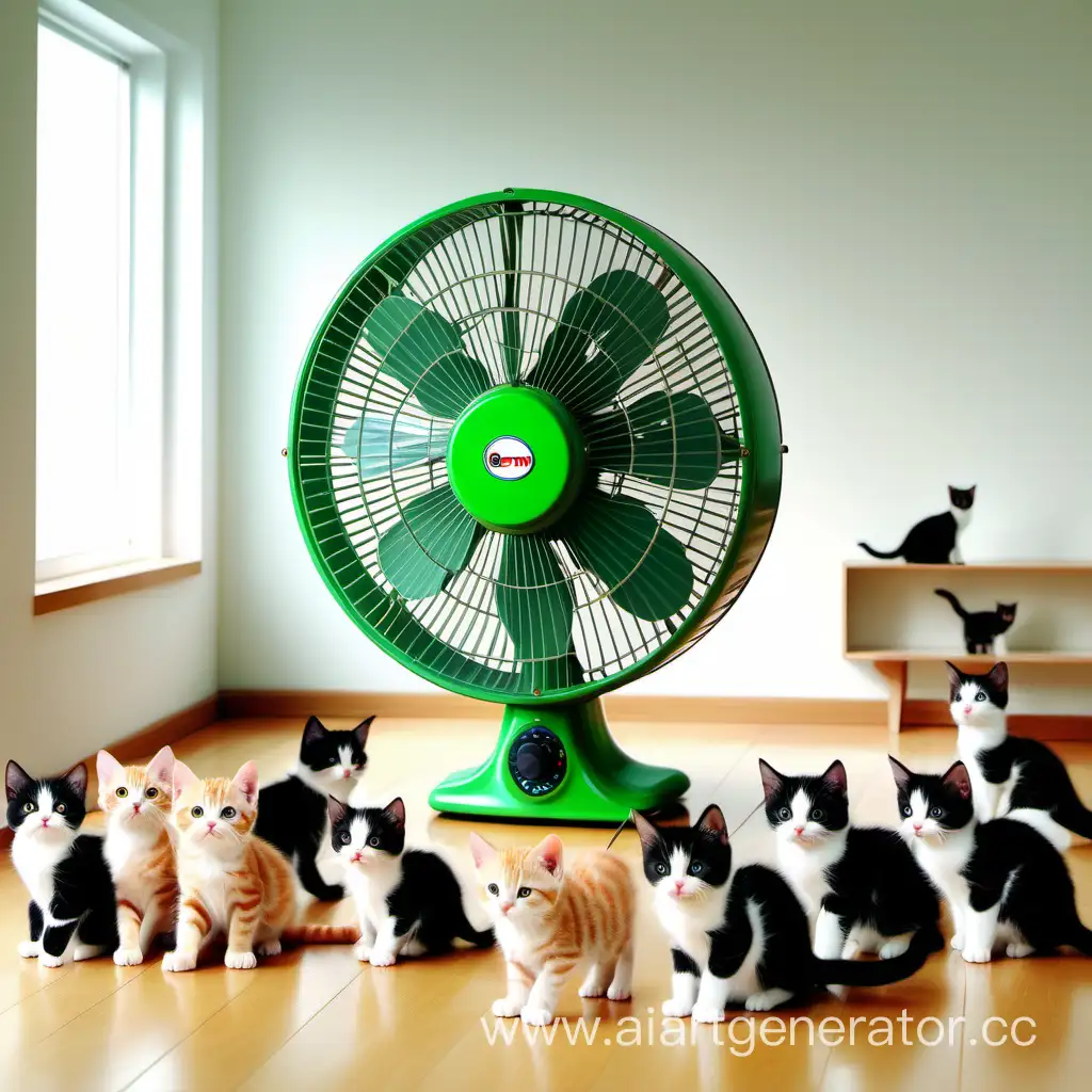 Super realistic picture of big green electric fan in the  middle of the room and 20 kittens around it