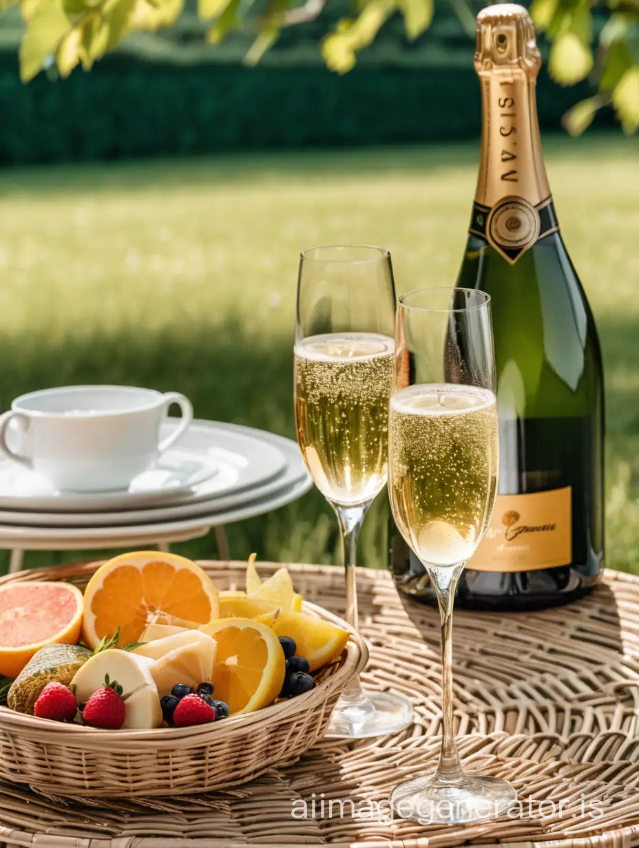 a glass of champagne on a wicker table on a summer day