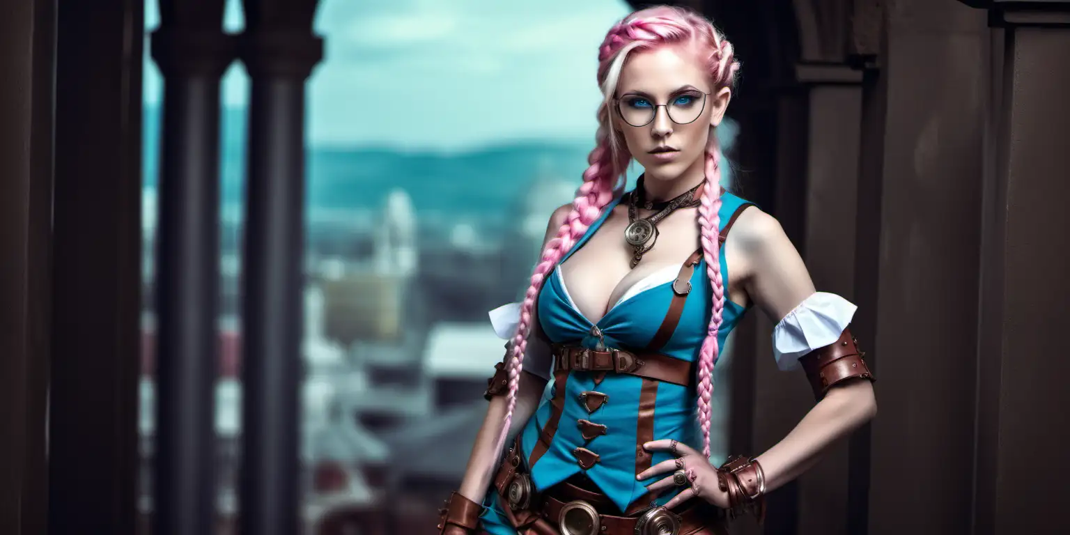 Beautiful Elf posing.glasses and long pink and blonde hair braided, warrior. steampunk. full body, detailed blue eyes, large breasts, cleavage showing