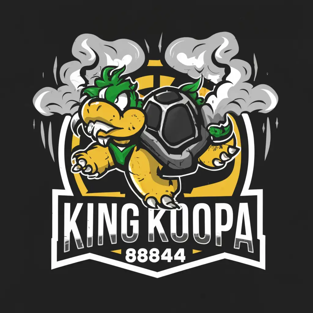 a logo design,with the text 'KingKoopa8814', main symbol:broken turtle shell, gray smoke, microphone, crown,complex,clear background