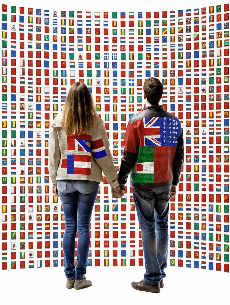 A young man and woman from back. Their figures crafted from a mosaic of various countries' flags. white background