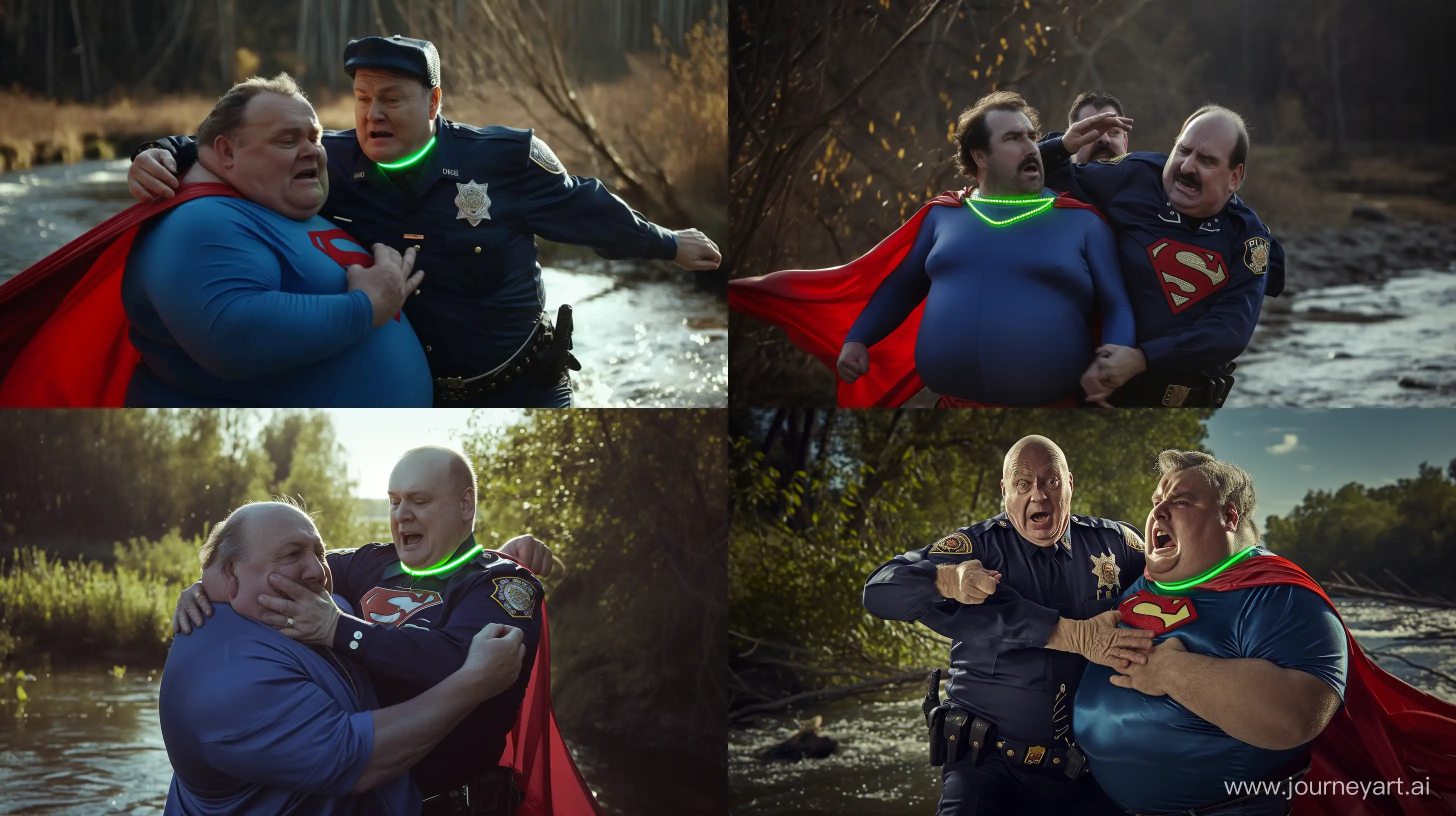 Photo of a 100 kg man aged 60 wearing a navy police silk uniform. He is tackling from behind a fat man aged 60 wearing a tight blue 1978 smooth superman costume with a red cape and a tight green glowing neon dog collar on his neck. Natural Light. River. --style raw --ar 16:9 