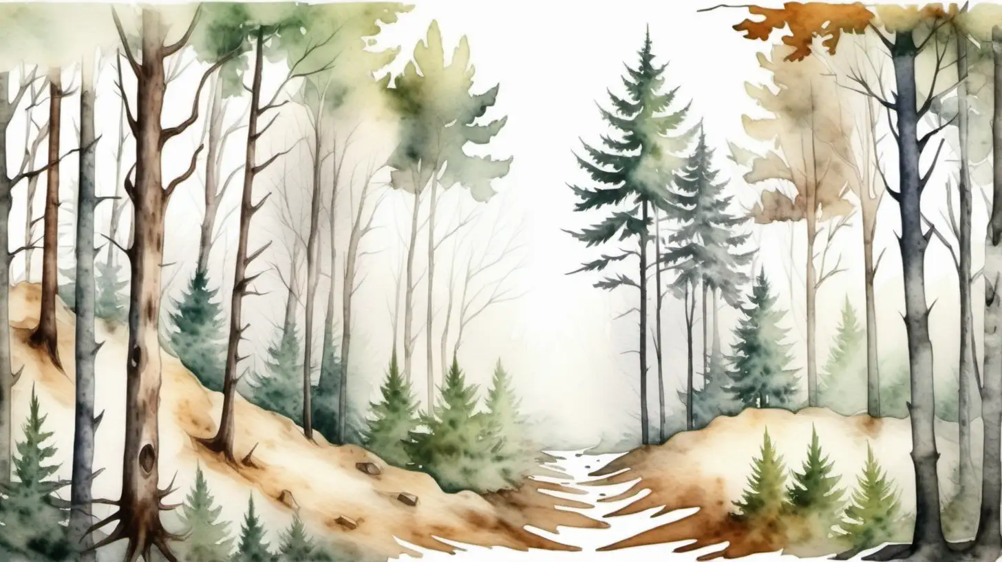 Vintage Rustic, horizontal and dense forrest view, Watercolor with a white rustic background