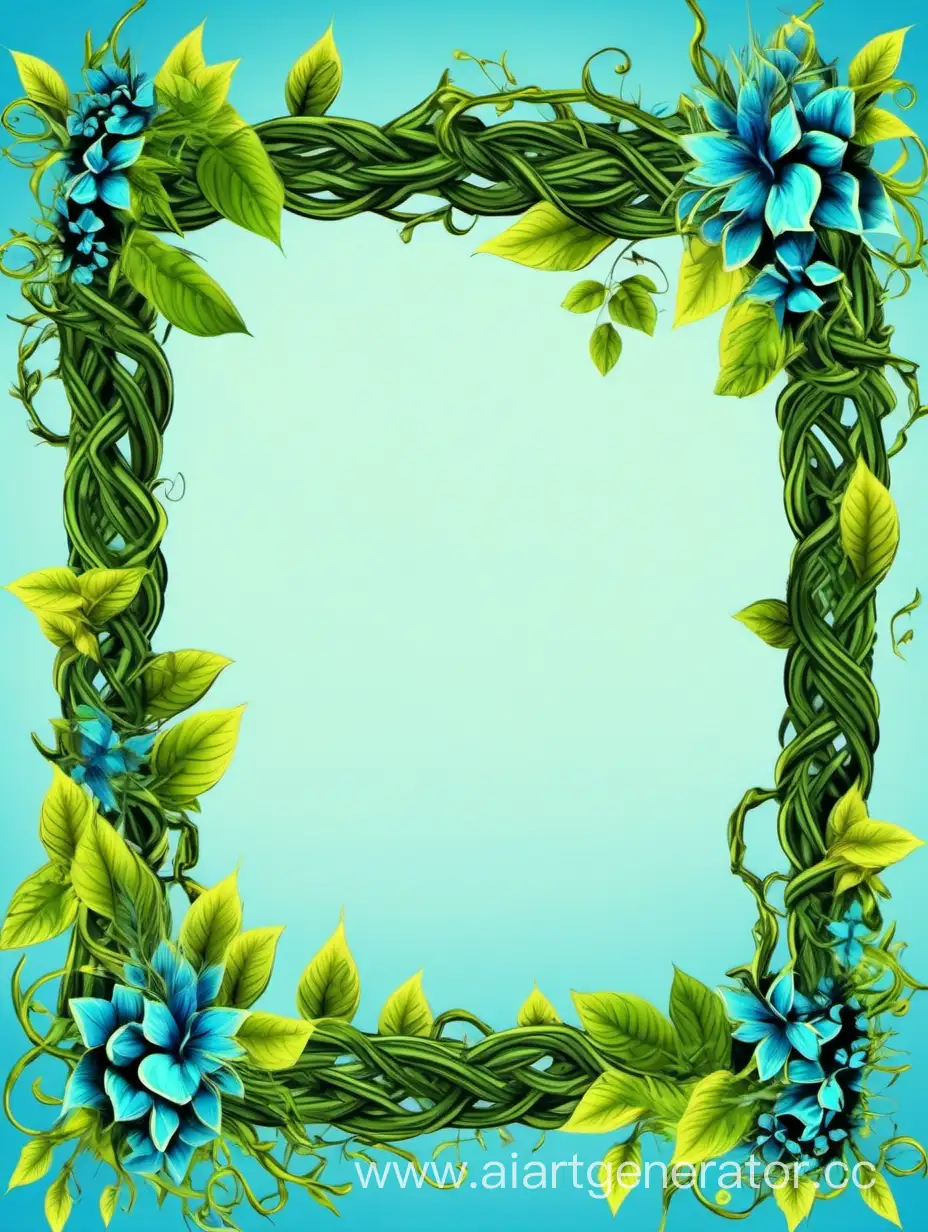 PNG frame in avatar style, colors blue, green, yellow, cyan. Nirvana, greenery, branches, branch braids, vines
