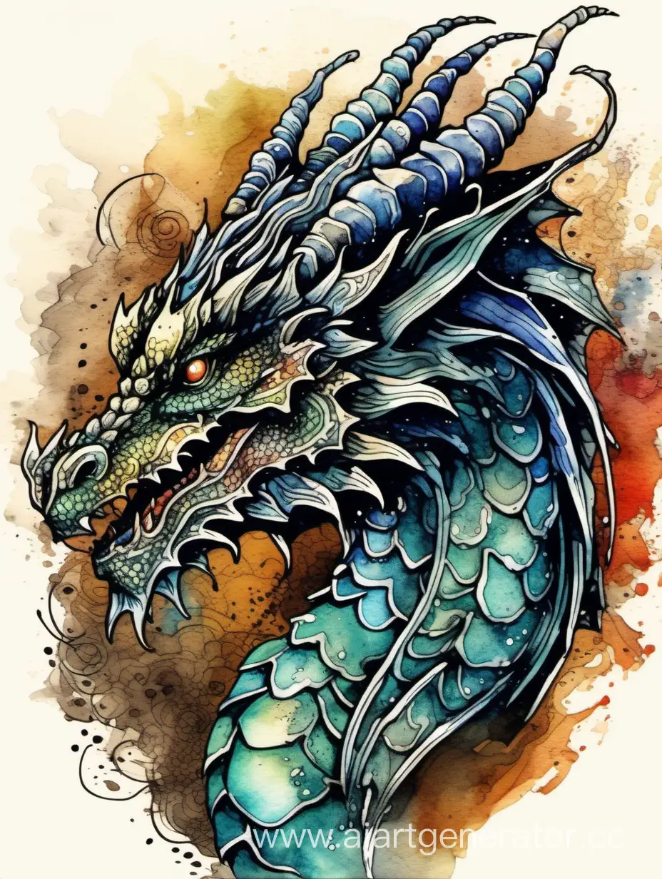 front head of a dragon, hand-rendered in high-quality liquid pen and ink, high contrast colors, stunning palette of watercolor, vintage and flat 2D space, the art is given depth by a complex background that dances with mystic allure, masterfully captured in the styles of watercolor, the artwork is splashed, sticker art