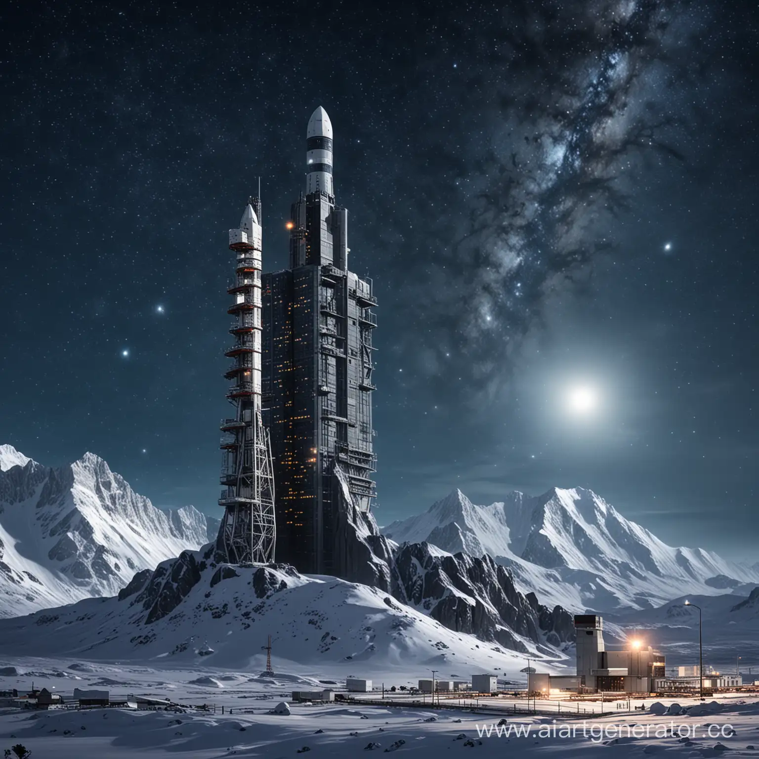 Военно-космическое и научно-исследовательское высокое здание с космодромом и аэродромом на вершине горы на фоне звездного неба и снега ночью