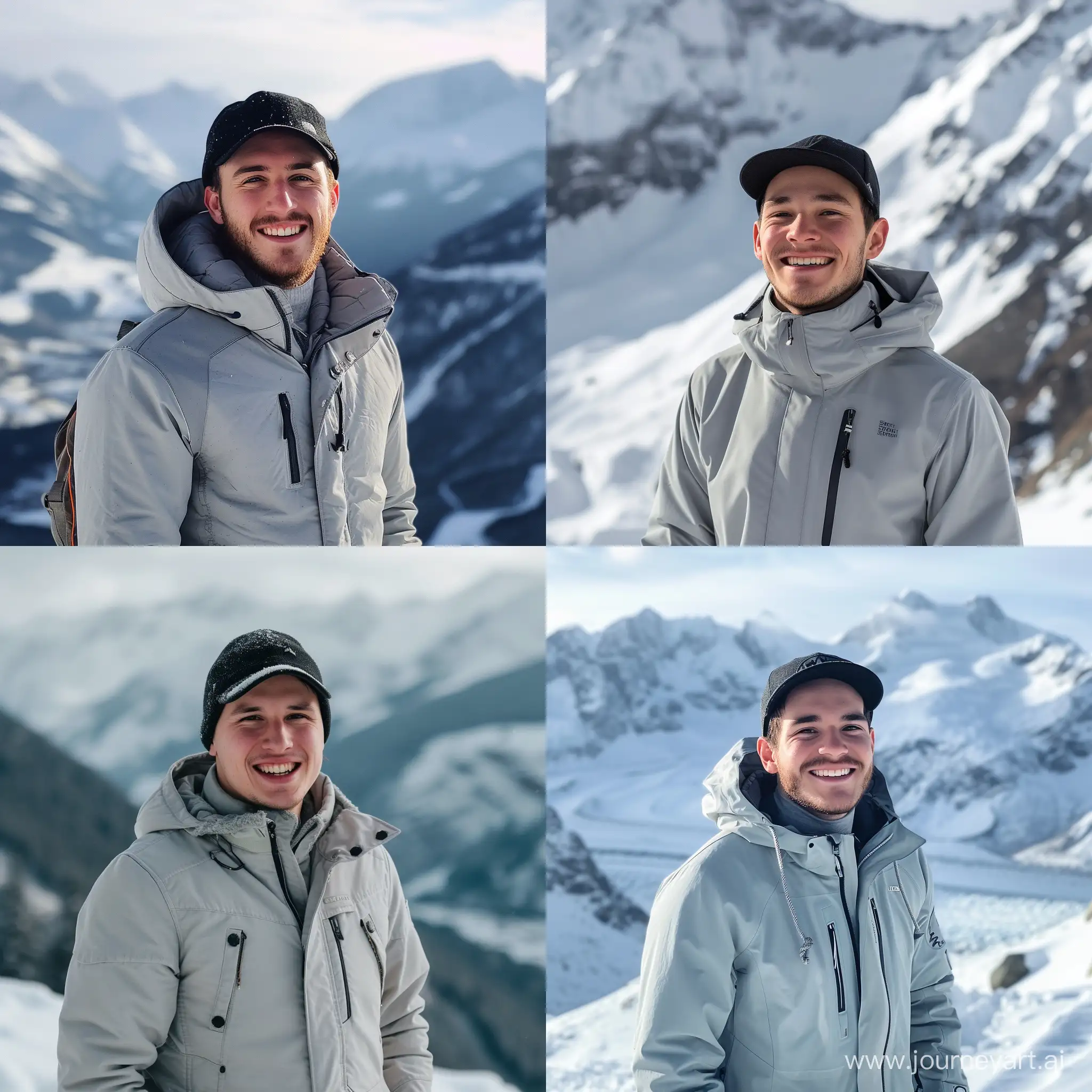 Оливер Старк, фото в полный рост, светло серая куртка, черная кепка, горы снежные, милая улыбка