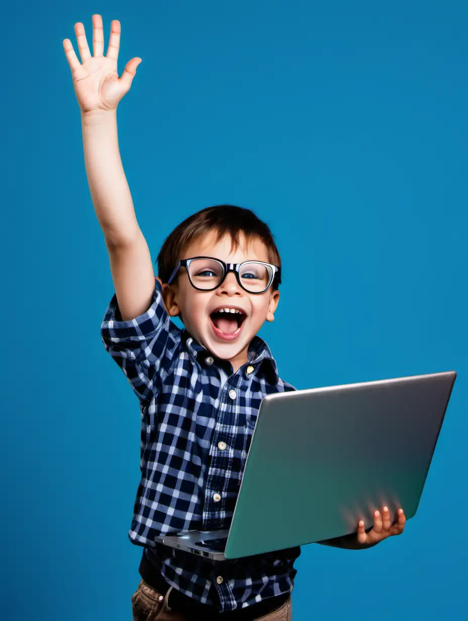 a joyful child with glasses, with his hand raised in the air, holding a laptop in the other hand
 blue background