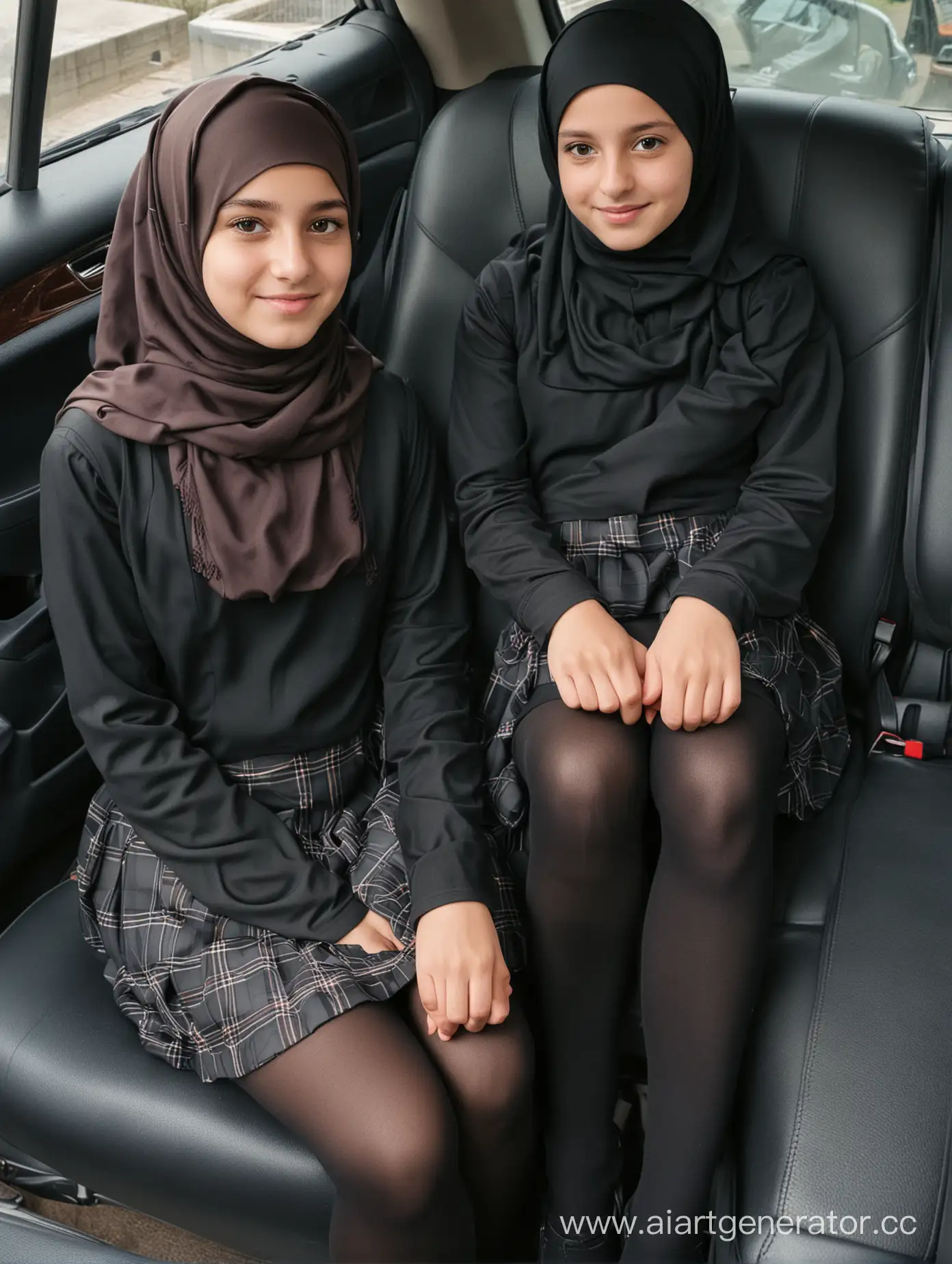 Two little girls, 12 years old, hijab, mini school skirt, black opaque tights, sits on the car seat , from the top and side, pov, 