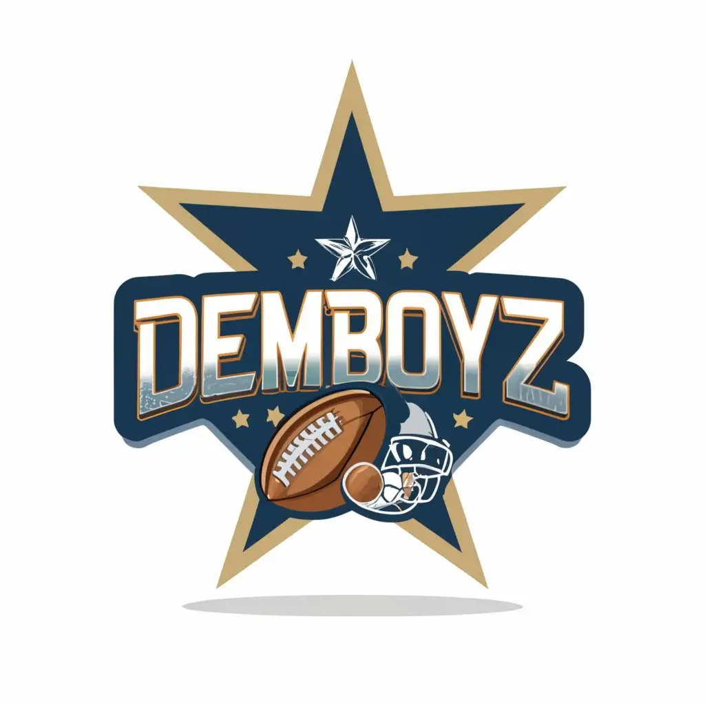 a logo design,with the text 'DemBoyz', main symbol:a star with football, basketball and baseball, white blue and silver colors ,Moderate,clear background