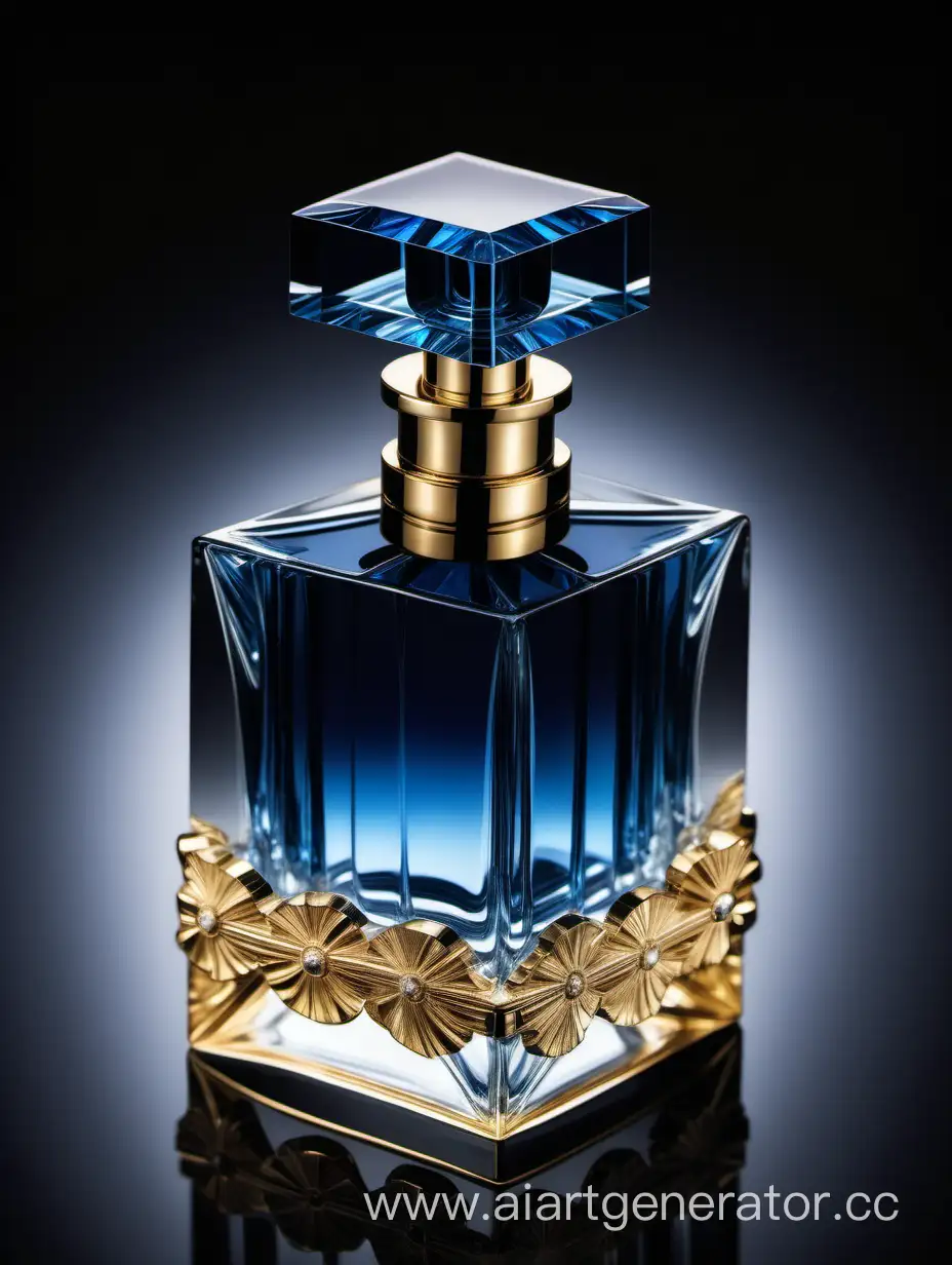 a crystal clear perfume bottle made of blue ,black and gold
transparent