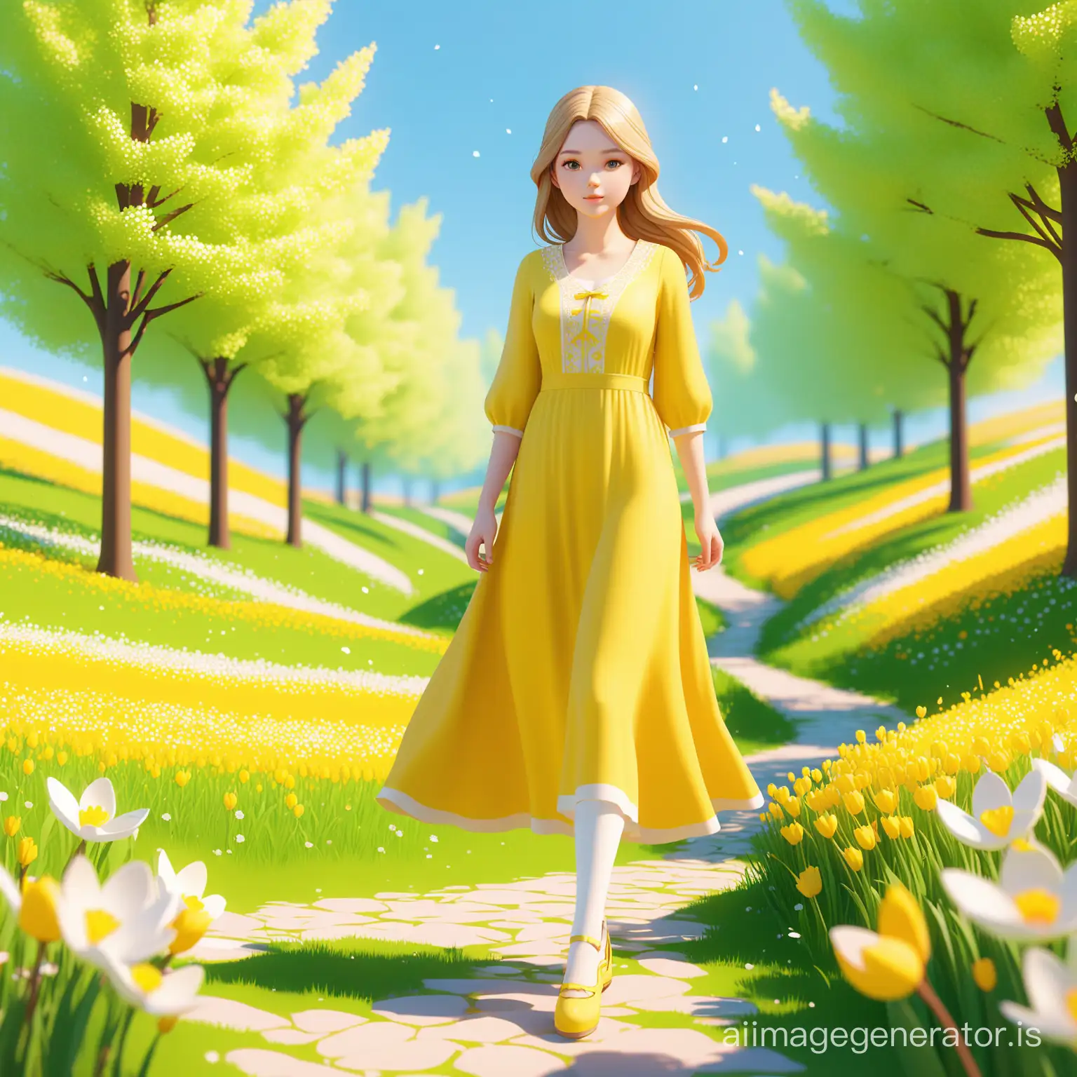Stylized 3d graphics: spring landscape and girl wearing yellow maxi length dress, white tights, shoes
