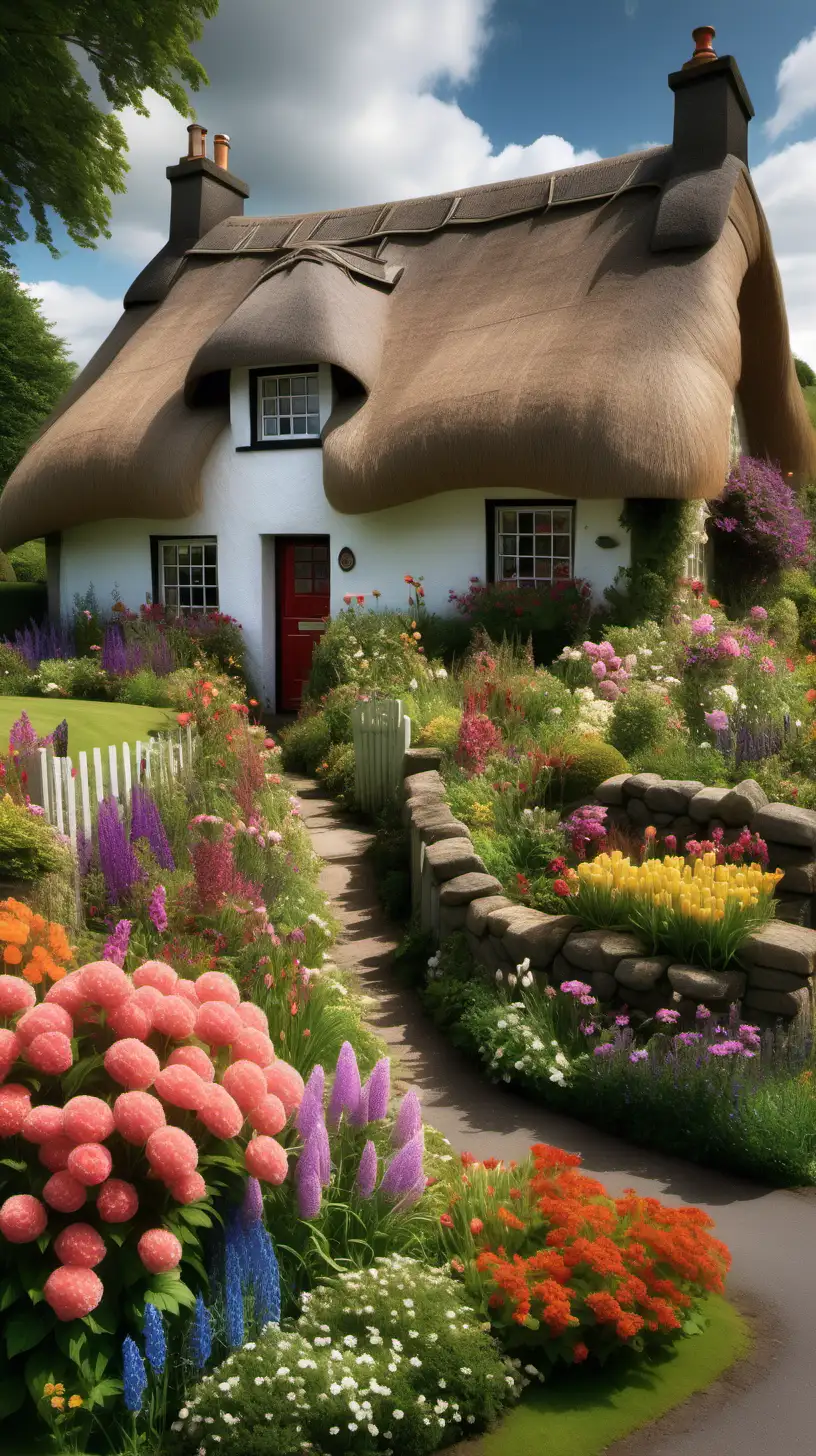 Picturesque Thatched Cottage Surrounded by Lush Flower Garden in Scottish Countryside