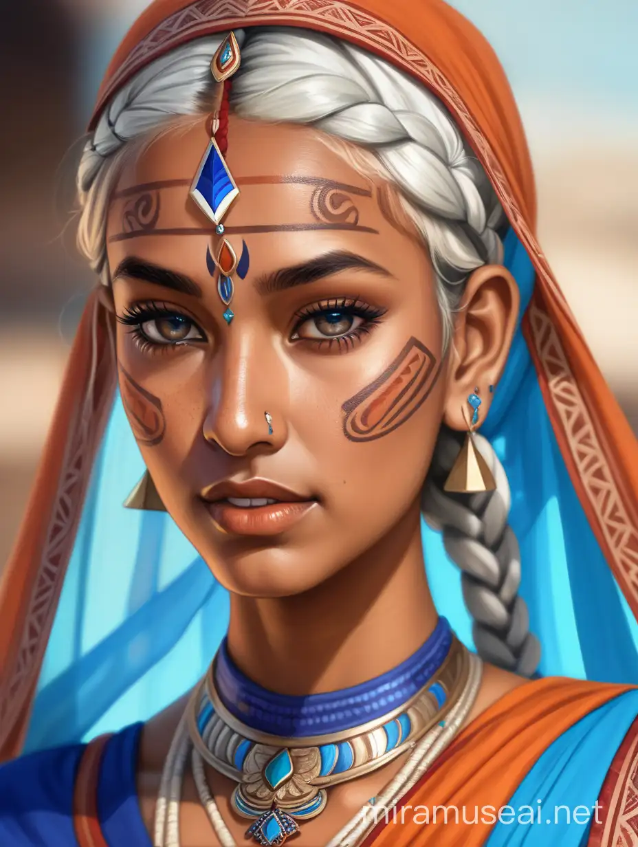 (Close up) a young woman from the Air nation, in her 30s, with tanned brown skin, white braided hair, desi nose, blue eyes, blue arrow tattoos, toned figure, she is wearing a mixture of blue sari, red traditional thai dress and a orange vail, with traditional indian jewelry