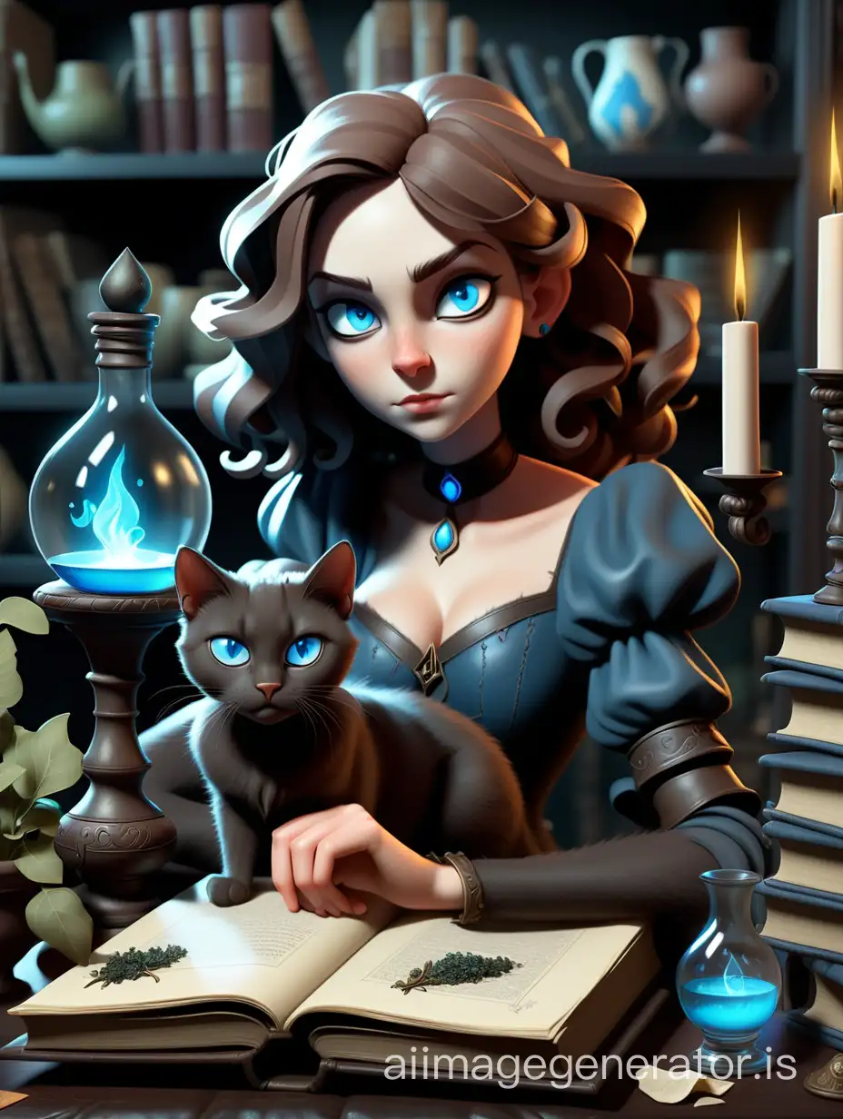 The picture should show a room furnished with magical artifacts, there should also be bookcases in the room and dry herbs for potions and other ingredients on them, the lighting should be dim. In the foreground of the picture there is a table on which lies a thick book bound in dark leather. A sorceress girl with soft features, brown curls and bright blue eyes sits at the table. To the left of the girl sits a black cat with the same bright blue eyes. Drawing, fairytale illustration style