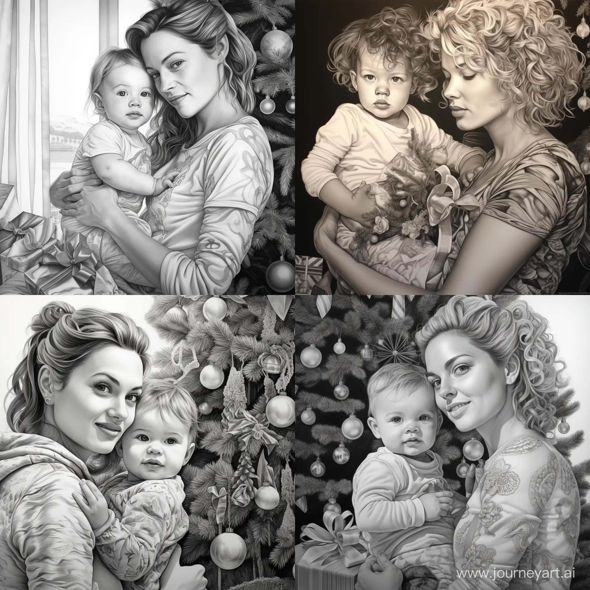 Charming-Mother-and-Child-Celebrating-Near-Christmas-Tree-with-Gifts-in-Hyperrealistic-Splendor