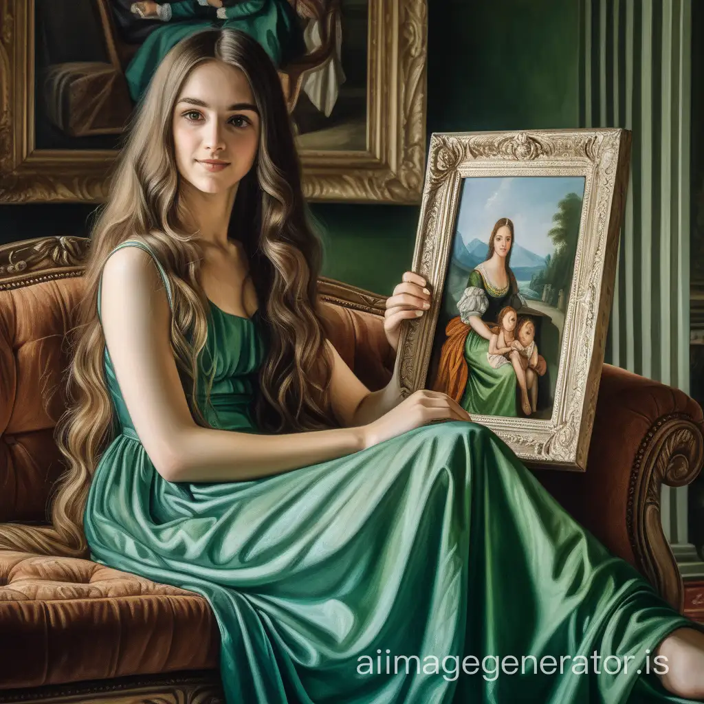 a modern beauty woman long hair In a green dress sitting on a couch holding a picture of a family with a picture of them on it's side, classical painting, detail background, happy, figurativism, Avgust Černigoj, a painting