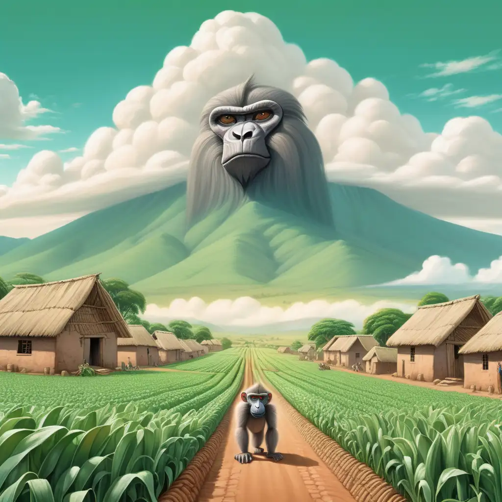 Giant Baboon Cloud Over African Village Whimsical Childrens Illustration