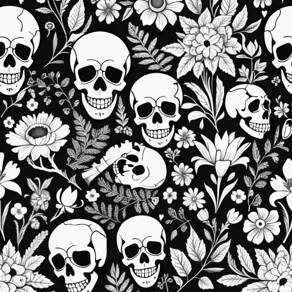 bright vibrant happy black and white seamless pattern with skulls , flowers, bones , beautiful, 