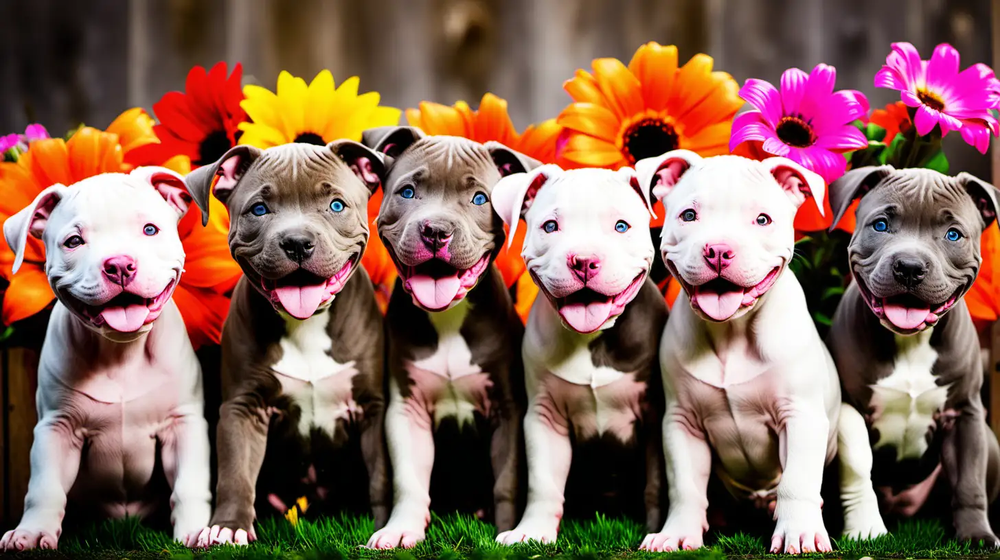9 uśmiechniętych szczeniaków pit bull. w tle dużo kolorowych kwiatów