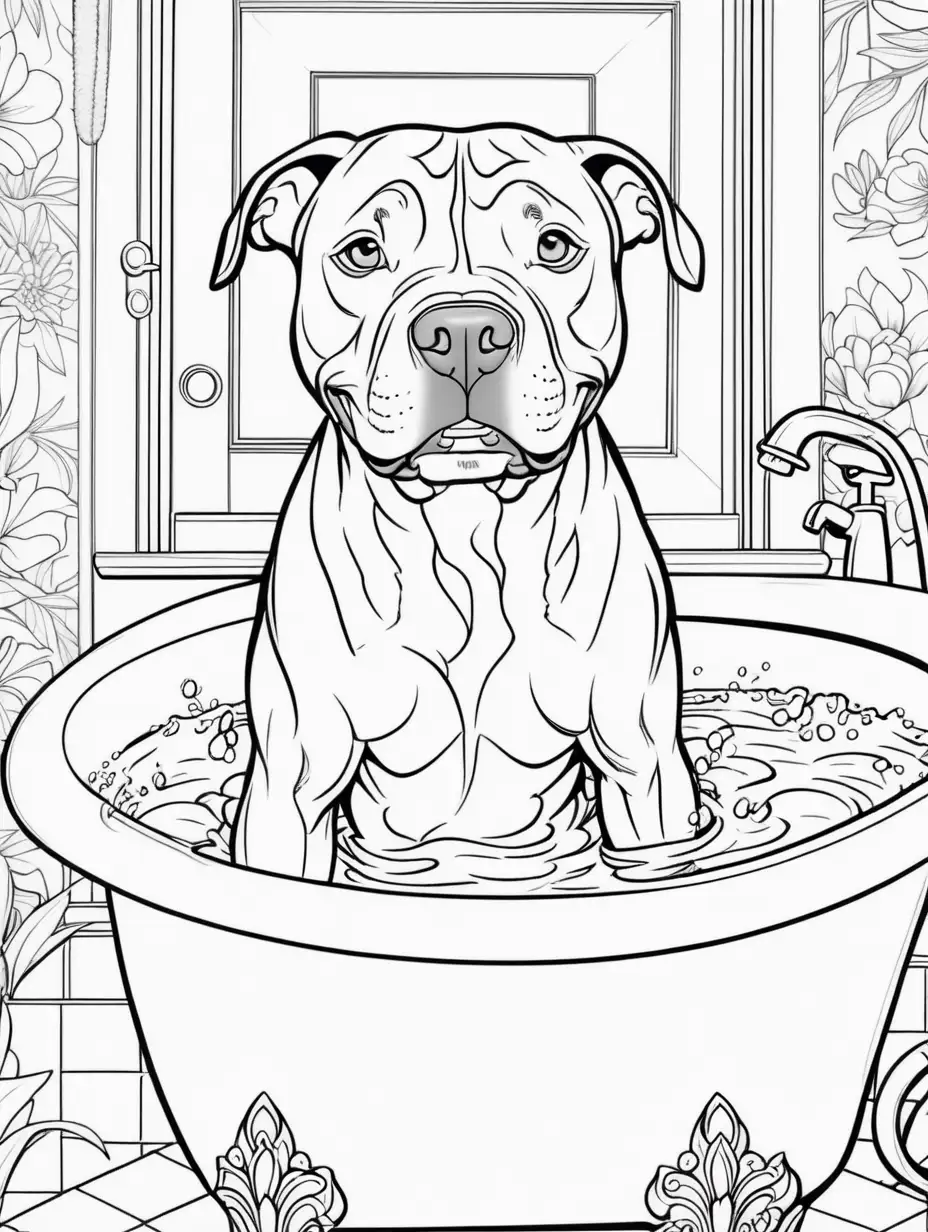 Relaxing Pitbull Adult Coloring Book Illustration of a Dog Bathing