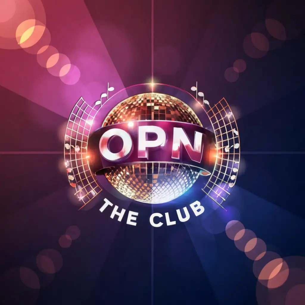 a logo design,with the text "OPEN THE CLUB", main symbol:a disco ball with lights and music on the back,Moderate,be used in Entertainment industry,clear background