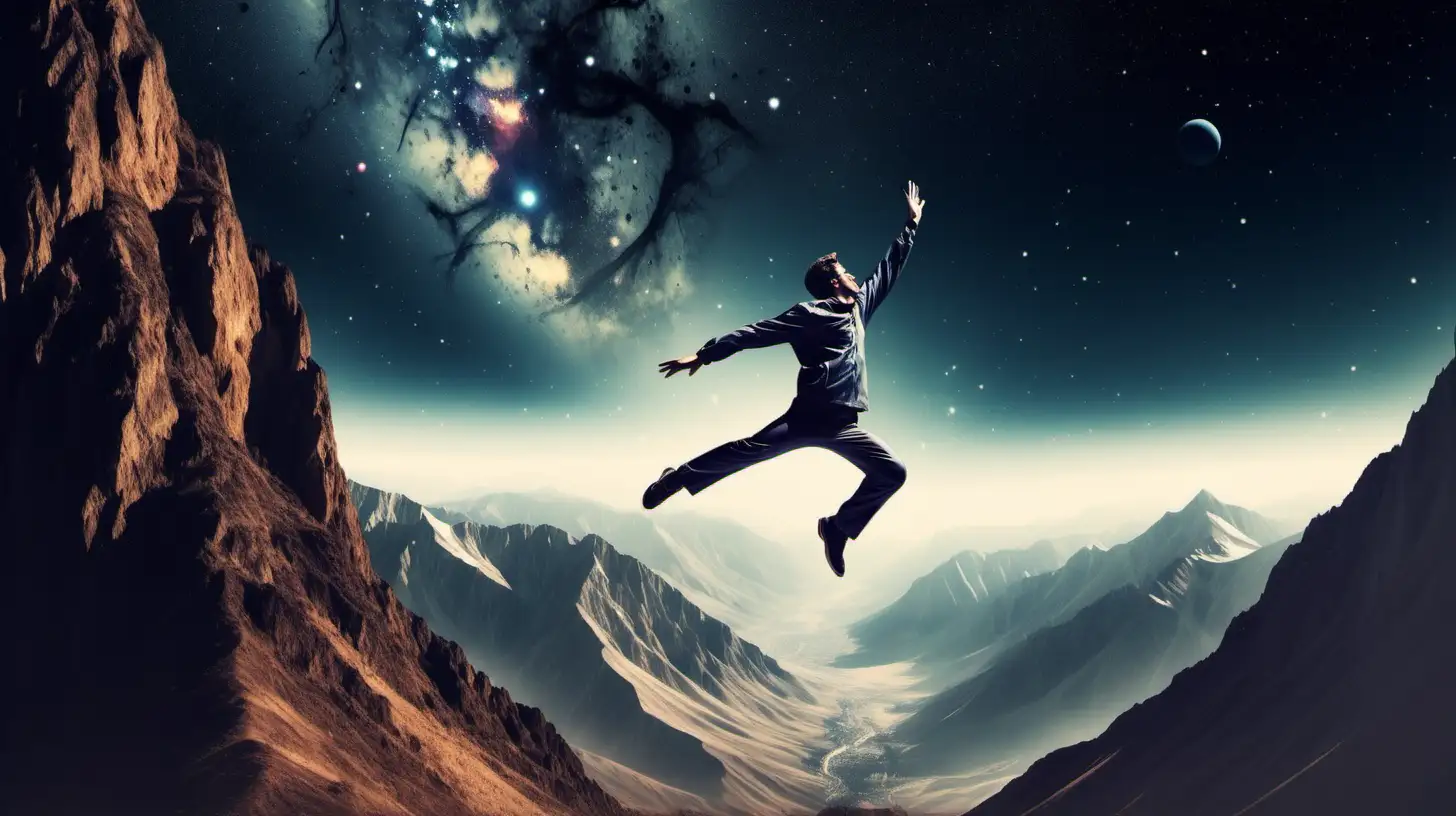 Adventurous Man Leaping Over Mountain with Cosmic Backdrop