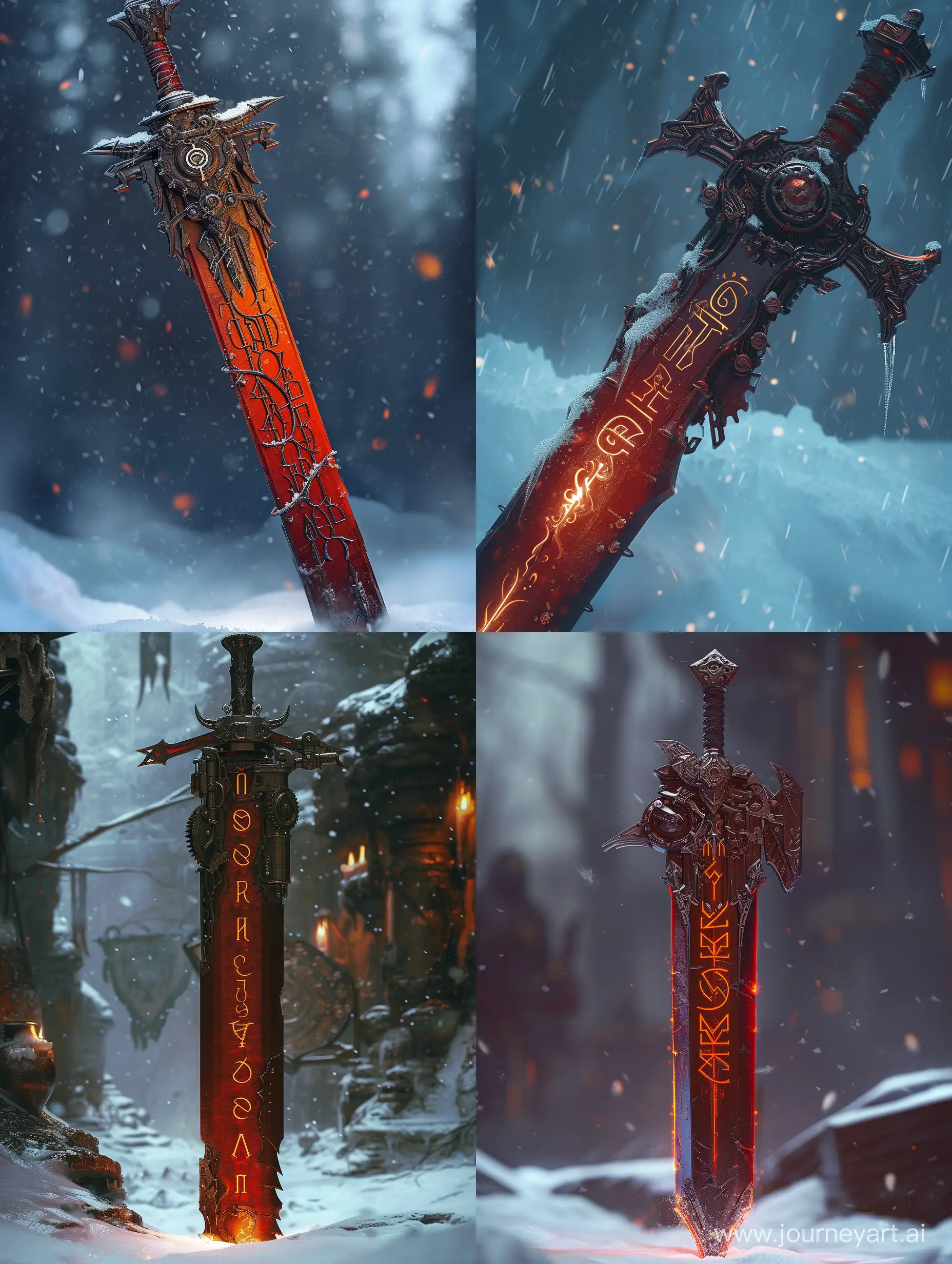red queen sword with engine,runic letters curving on it,intricate curving,snow,steampunk.incredible detail,warm light,terrifying,Digital Art.