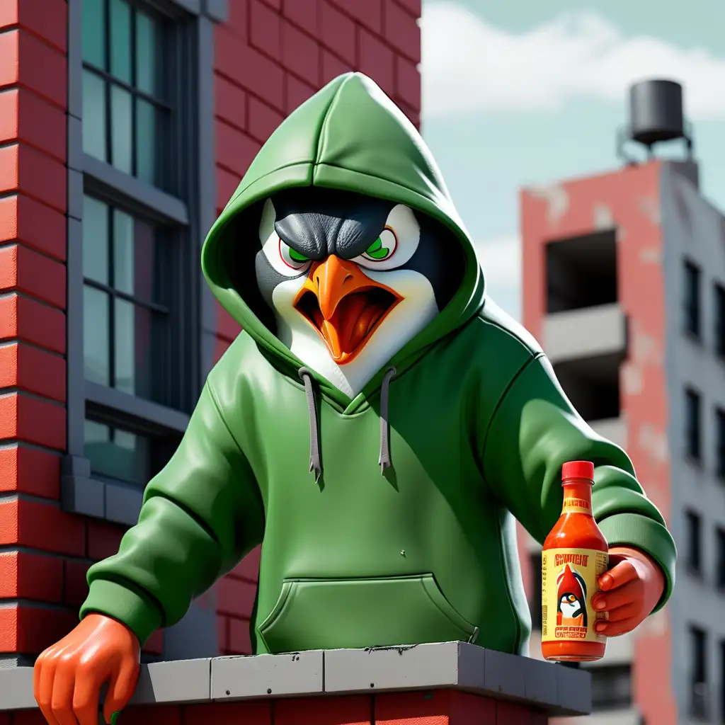 Furious Penguin on Rooftop Holds Hot Sauce in Green Hoodie