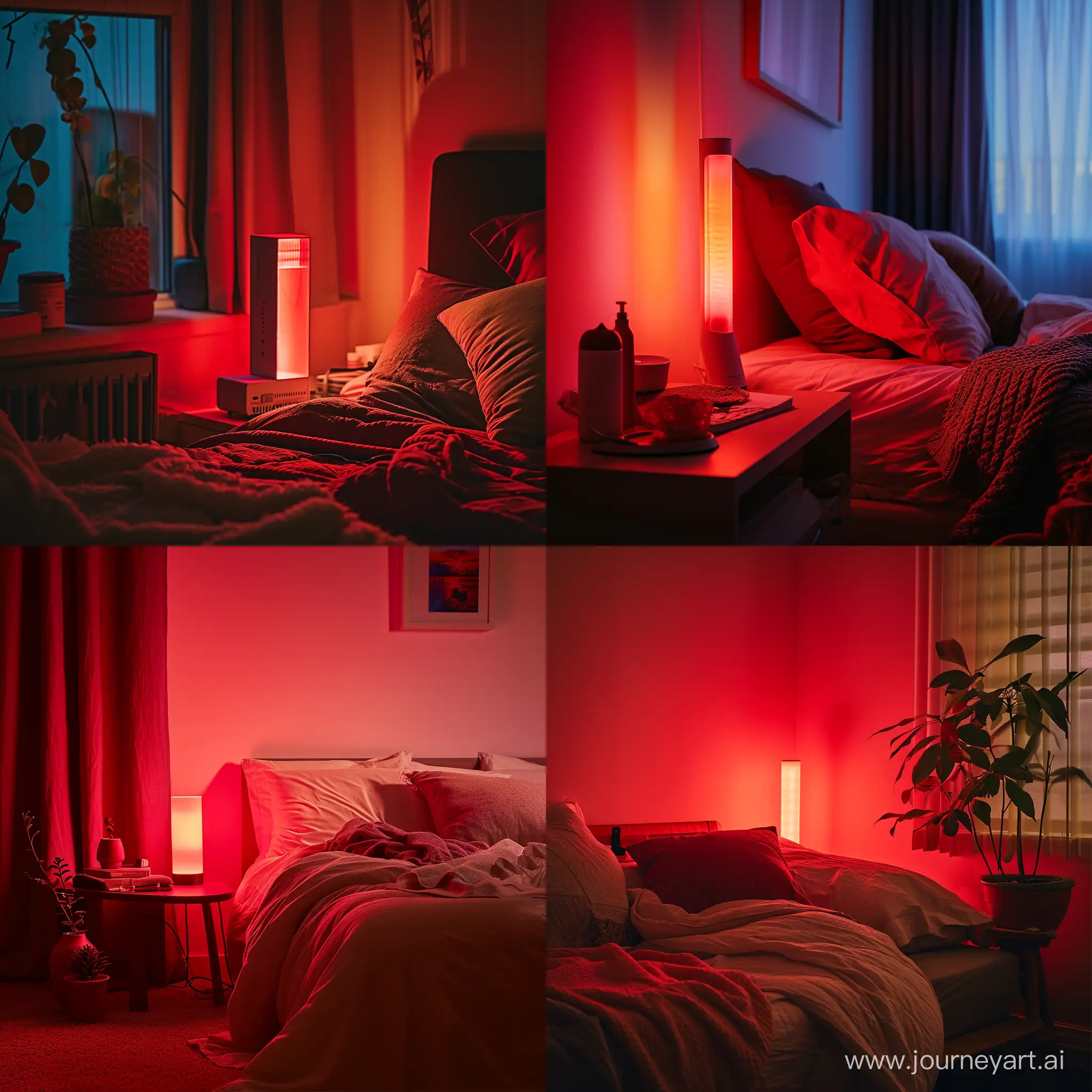 Cozy-Nighttime-Bedroom-Illuminated-by-Red-Light-Therapy-Lamp