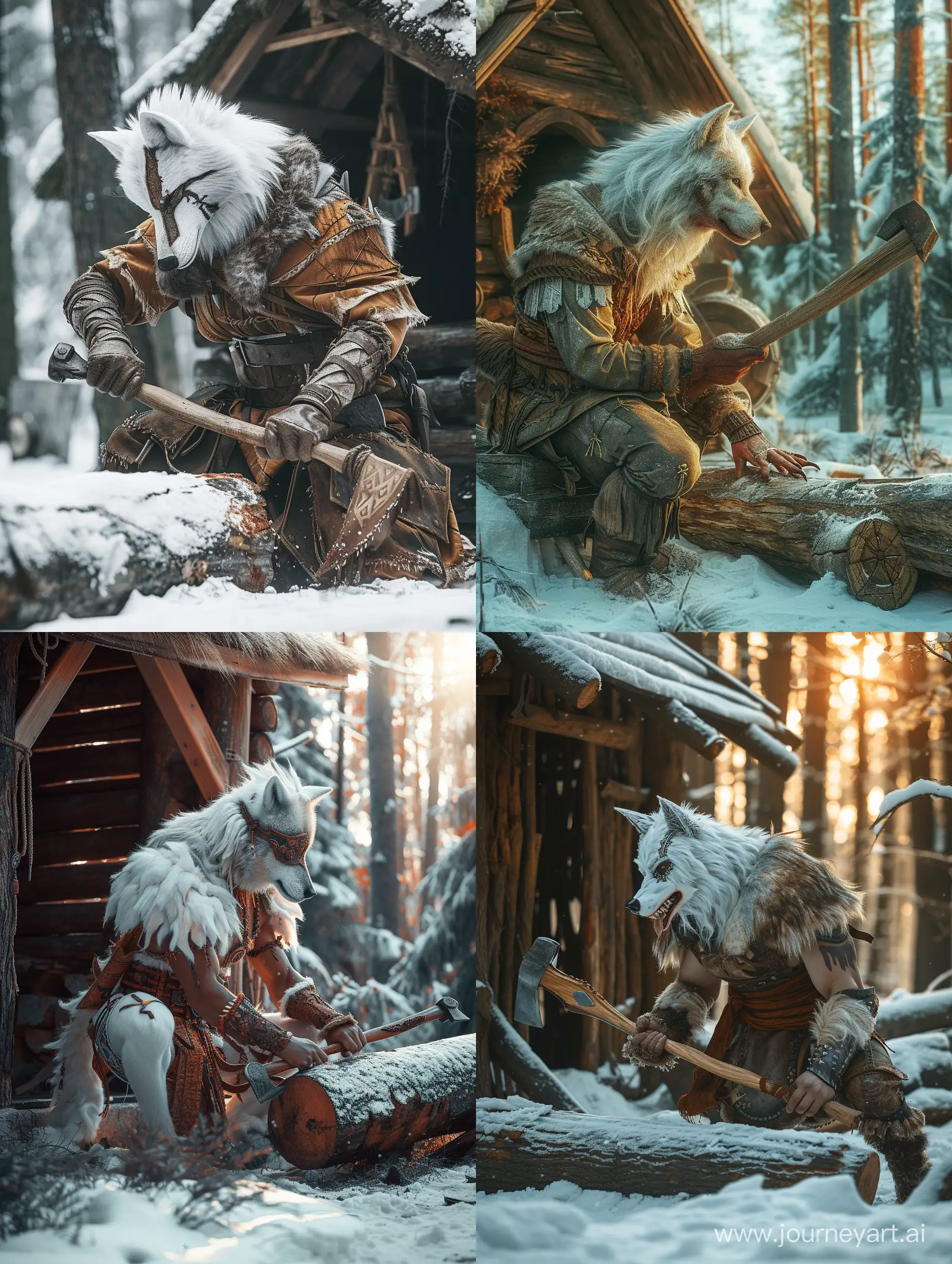 A warrior with wolf's head and human body,The leader of the wolves,white wolf,Wolf claws,in snowy forest,Next to the wooden hut, he is chopping a log with an ax,Detailed clothing.incredible detail,warm light.
