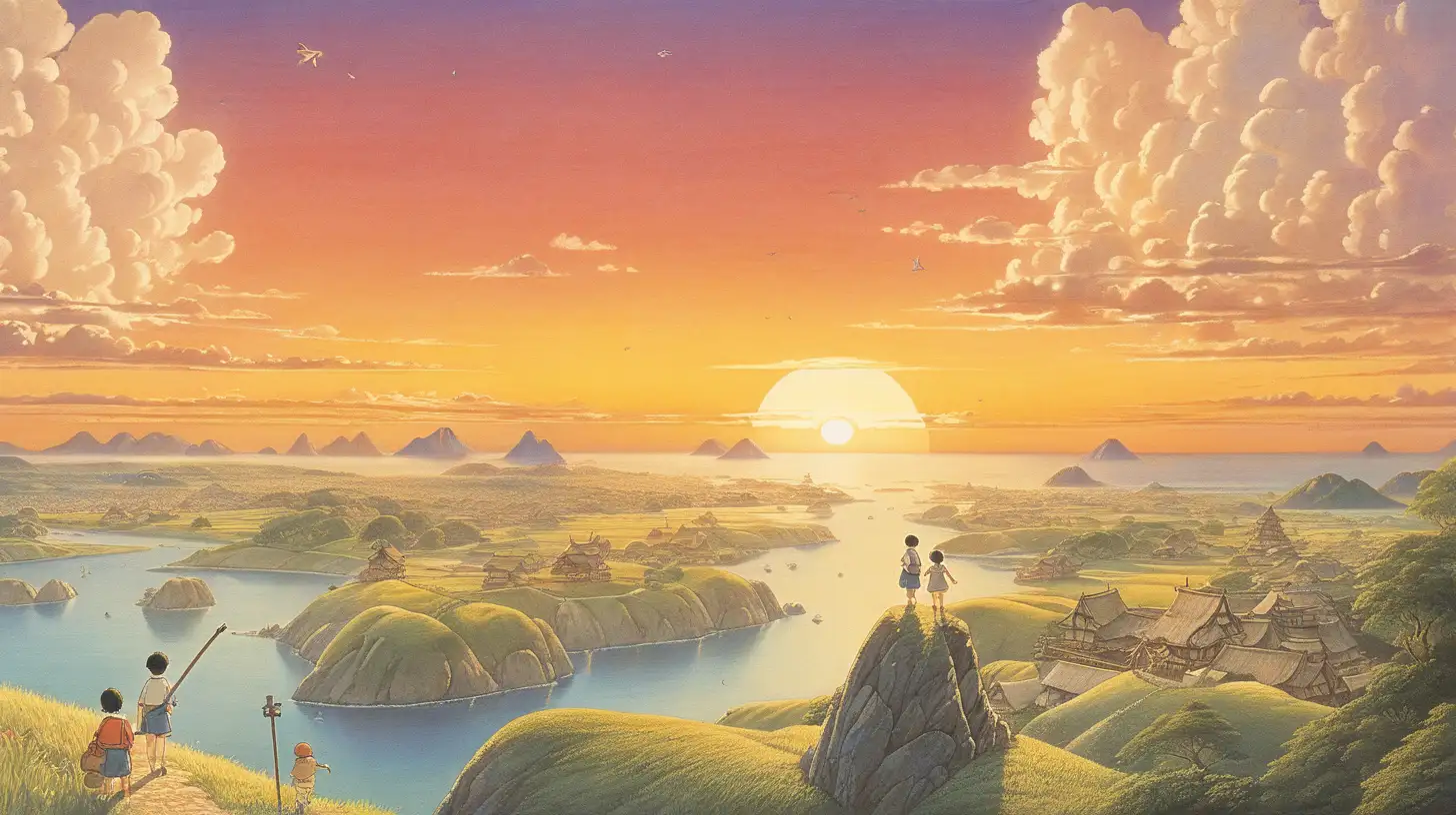 beauiful illustration of fantasy, sunset, amazing detailed game poster, Hayao Miyazaki --ar3:2 --niji 5